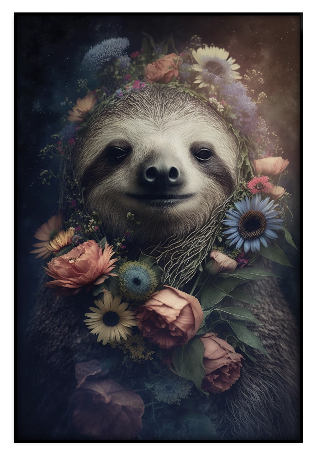 Artframe Sloth: luiaard tussen roze en blauwe bloemen.