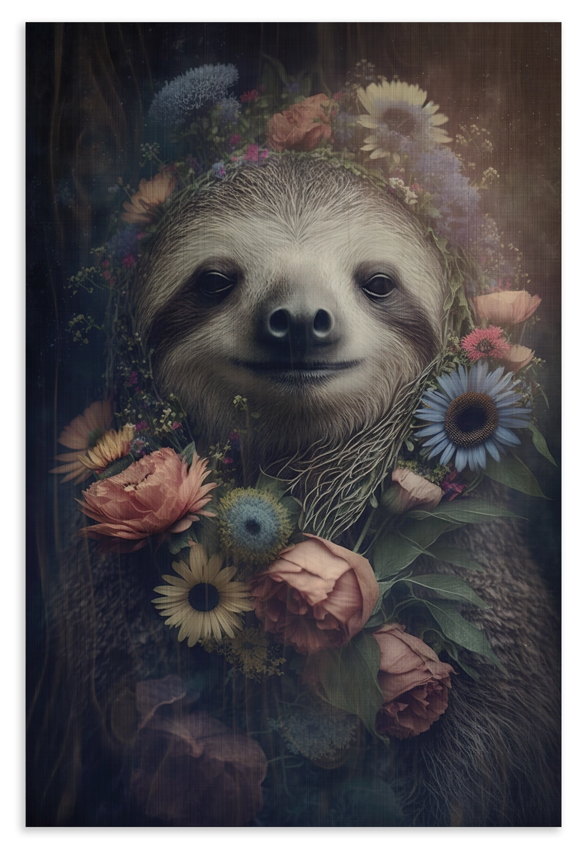 Houten wanddecoratie Sloth: luiaard tussen roze en blauwe bloemen.