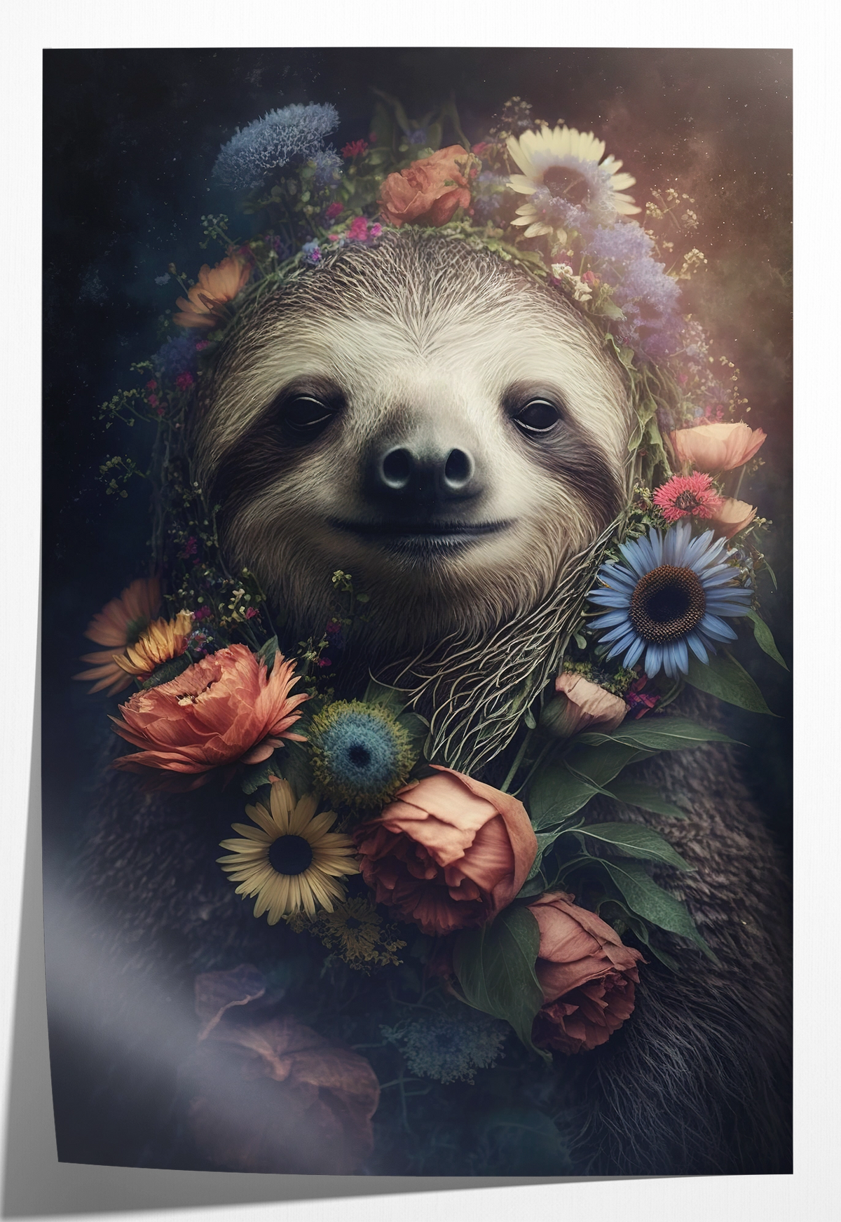 Papieren poster Sloth: luiaard tussen roze en blauwe bloemen.