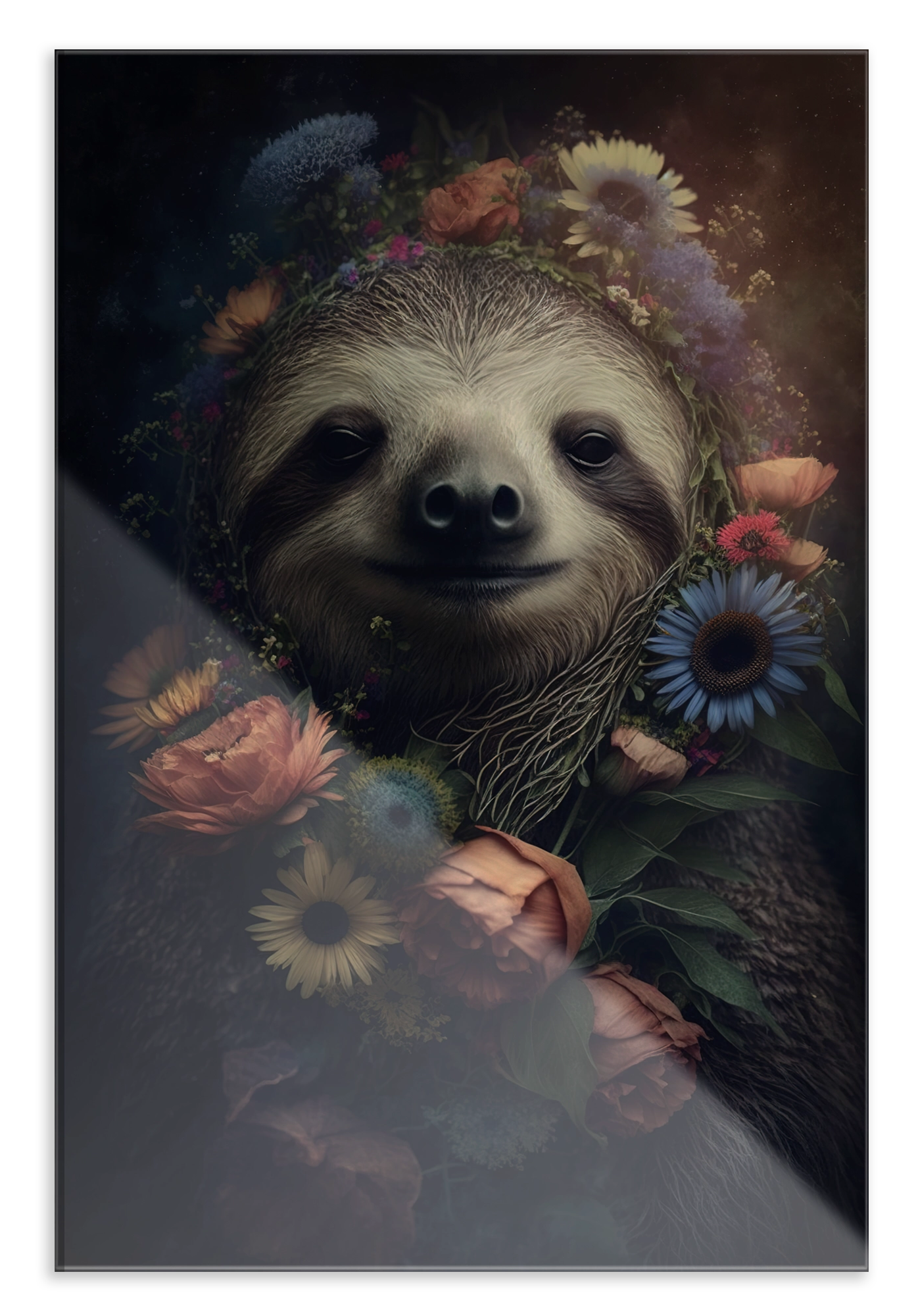 Plexiglas schilderij Sloth: luiaard tussen roze en blauwe bloemen.