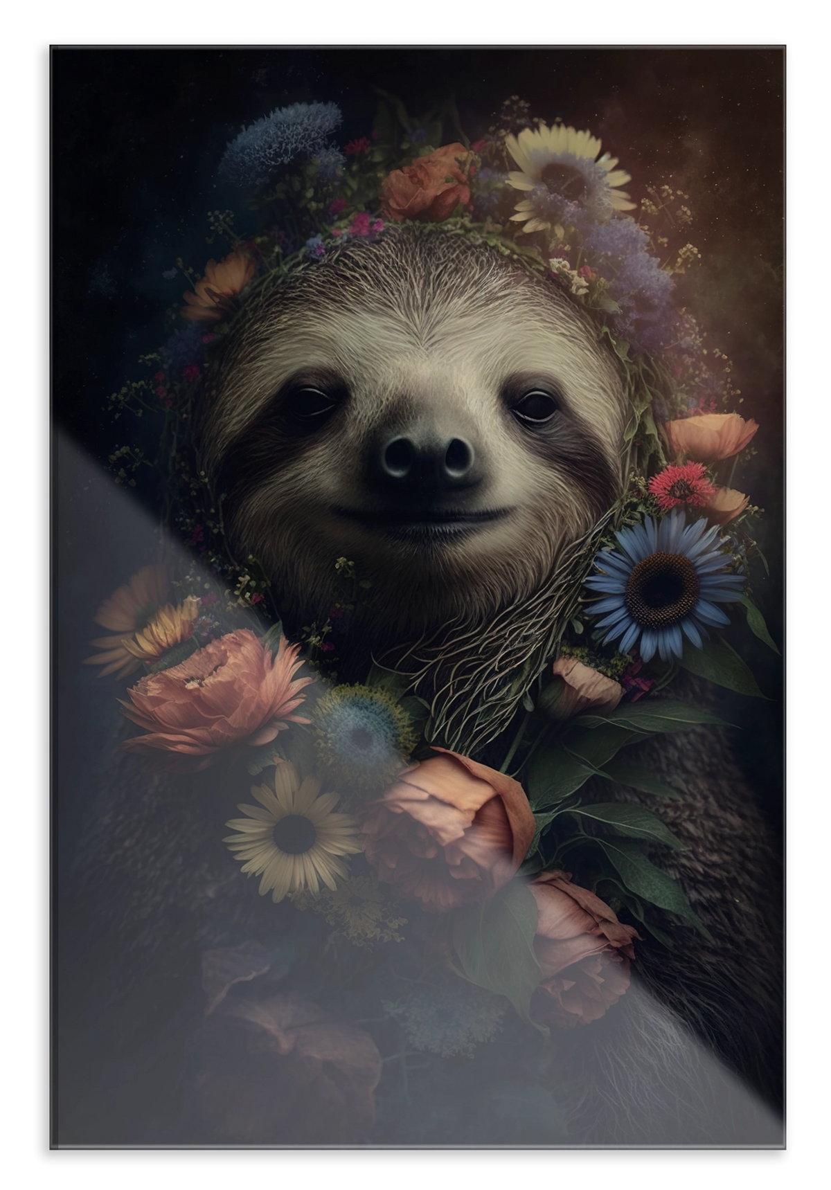 Plexiglas schilderij Sloth: luiaard tussen roze en blauwe bloemen.
