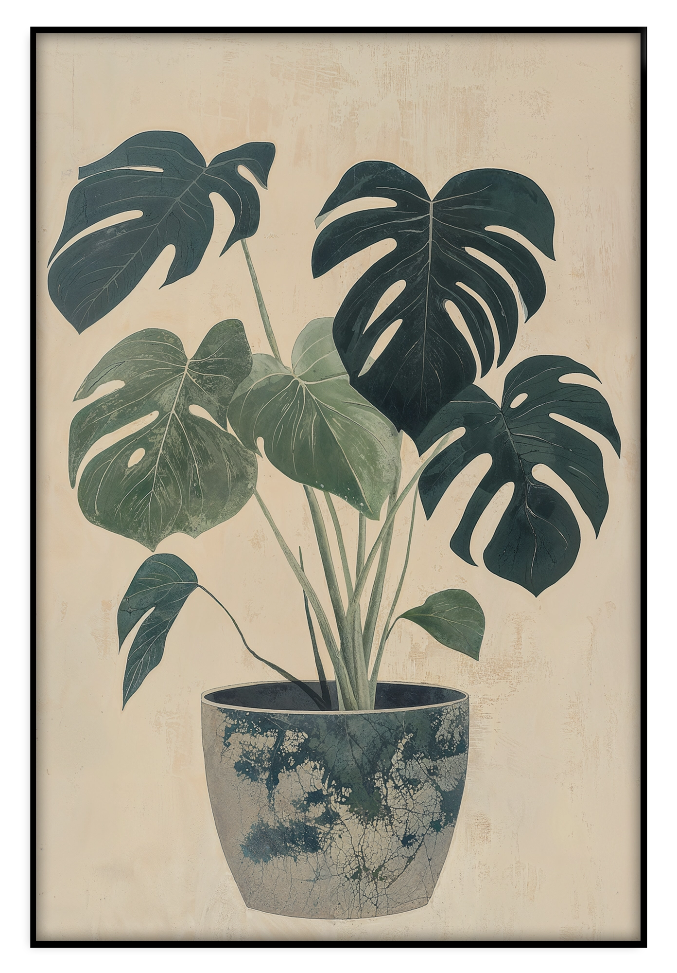 Artframe Monstera: monstera met groene bladeren in een blauw-witte sierpot.