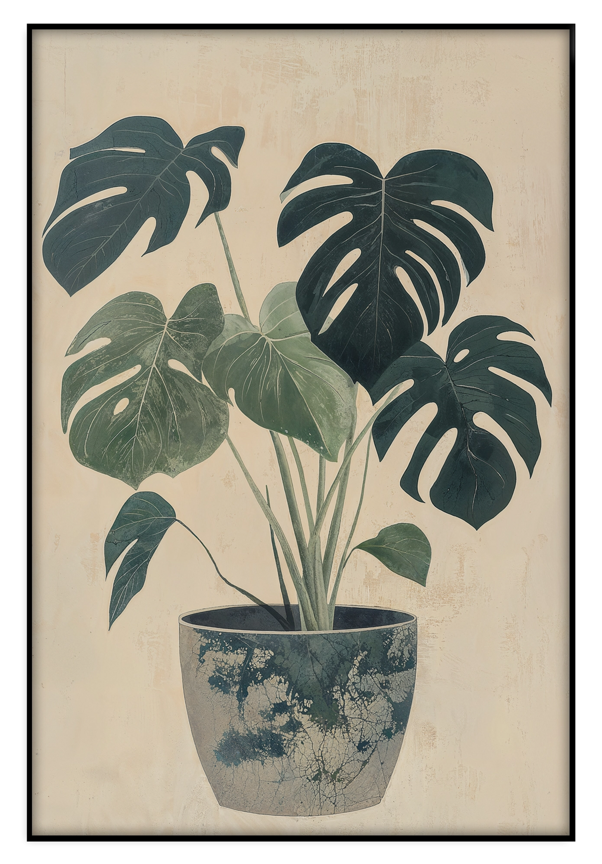 Artframe Monstera: monstera met groene bladeren in een blauw-witte sierpot.