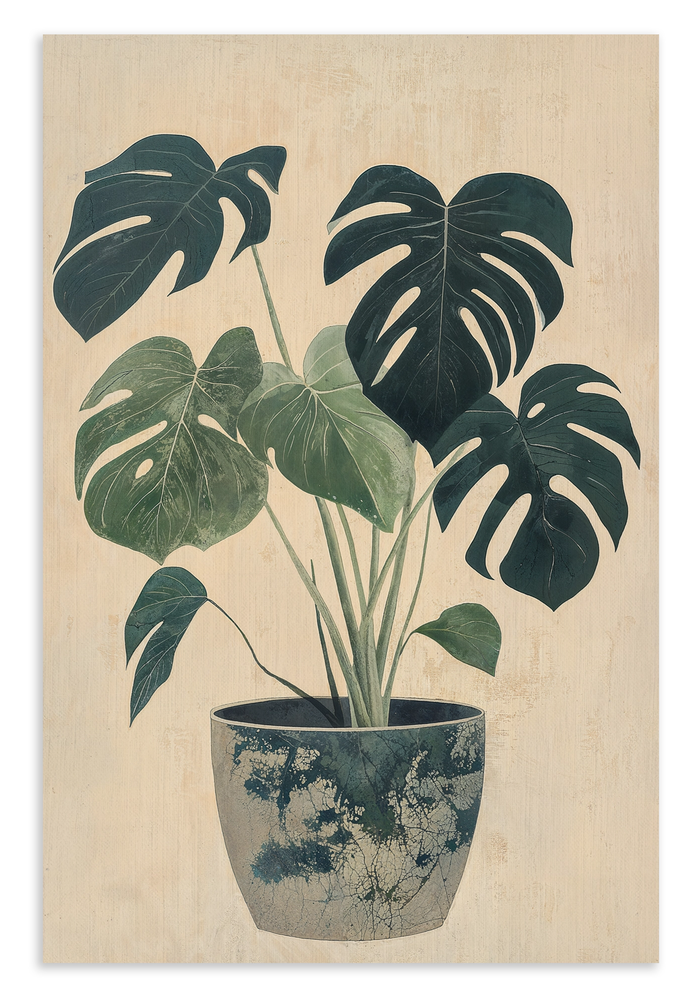 Canvas schilderij Monstera: monstera met groene bladeren in een blauw-witte sierpot.
