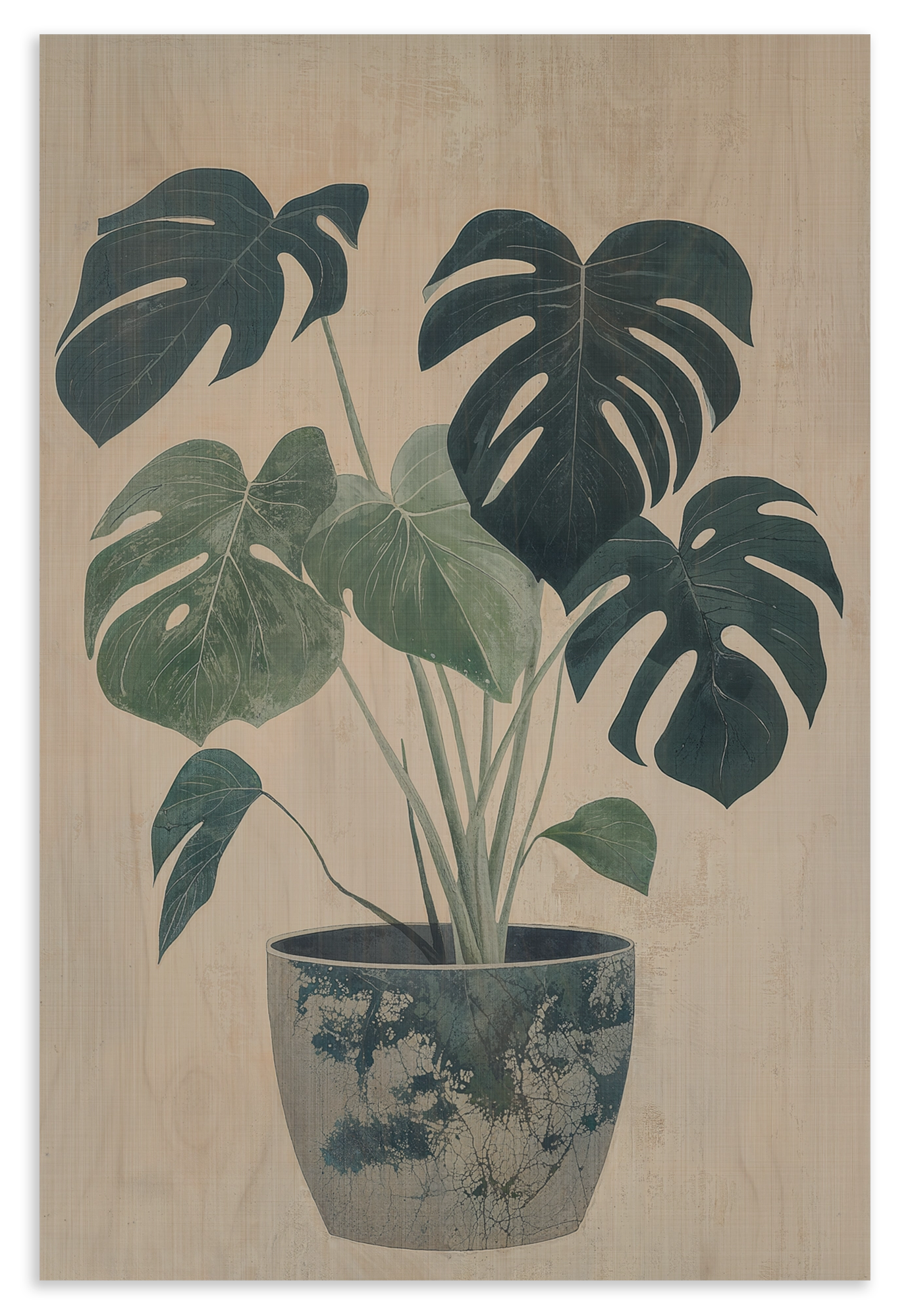 Houten wanddecoratie Monstera: monstera met groene bladeren in een blauw-witte sierpot.