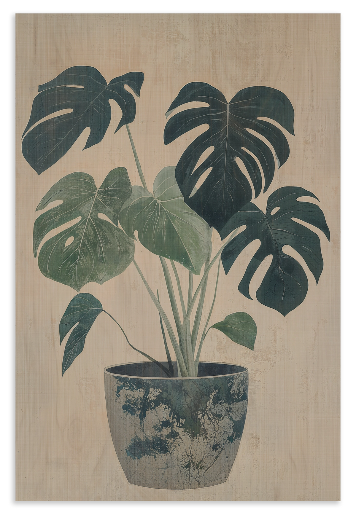 Houten wanddecoratie Monstera: monstera met groene bladeren in een blauw-witte sierpot.