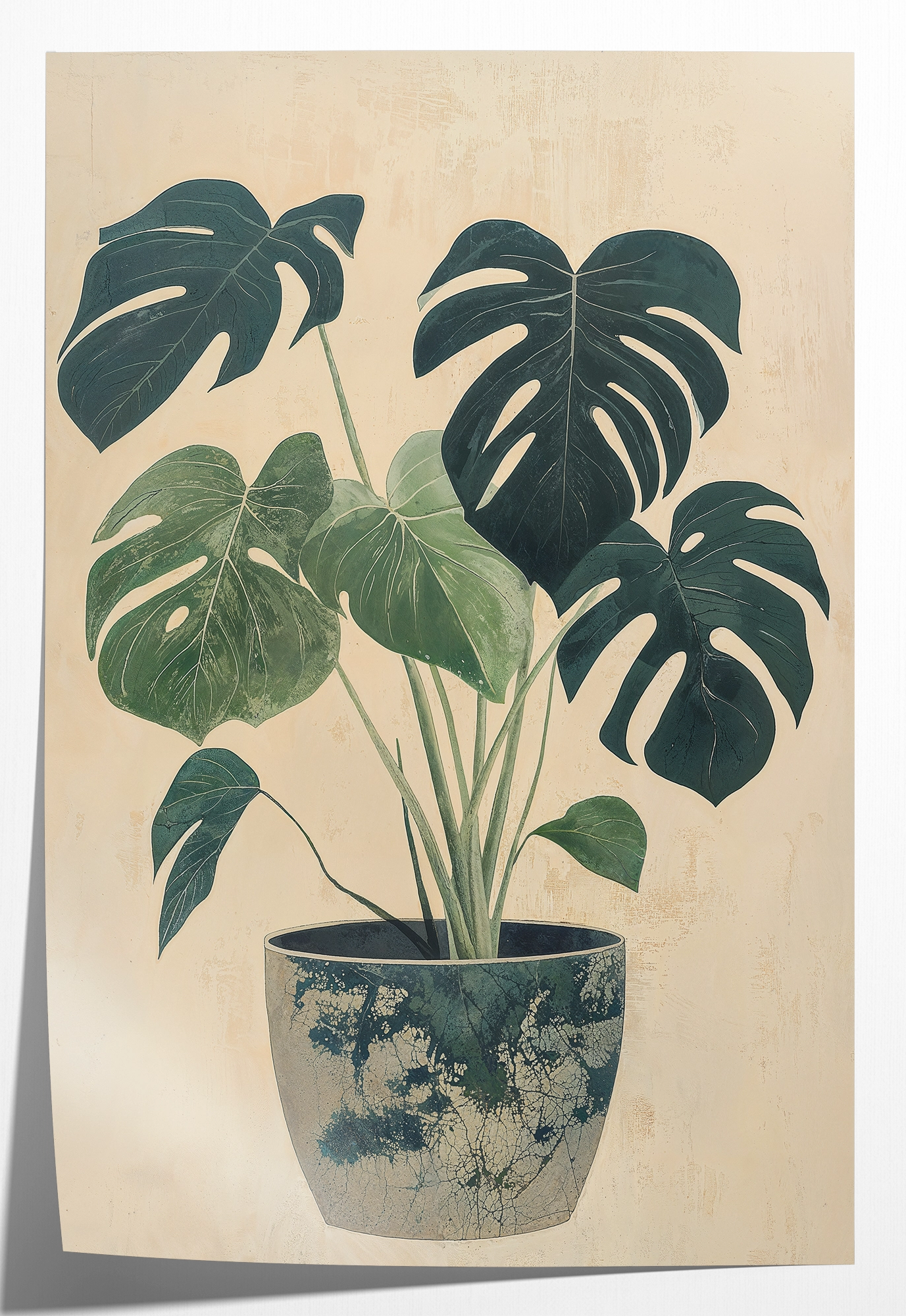 Papieren poster Monstera: monstera met groene bladeren in een blauw-witte sierpot.