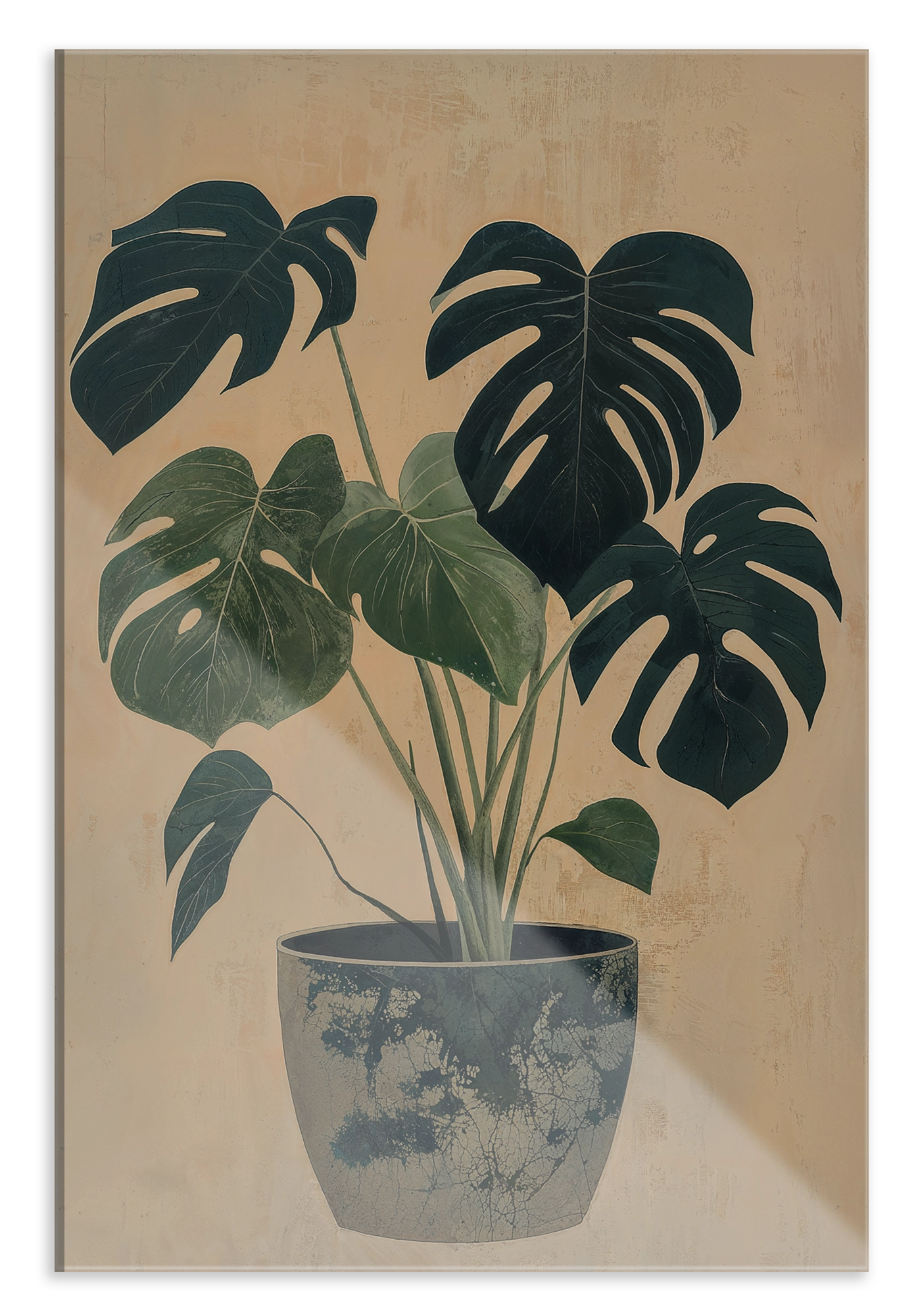 Plexiglas schilderij Monstera: monstera met groene bladeren in een blauw-witte sierpot.