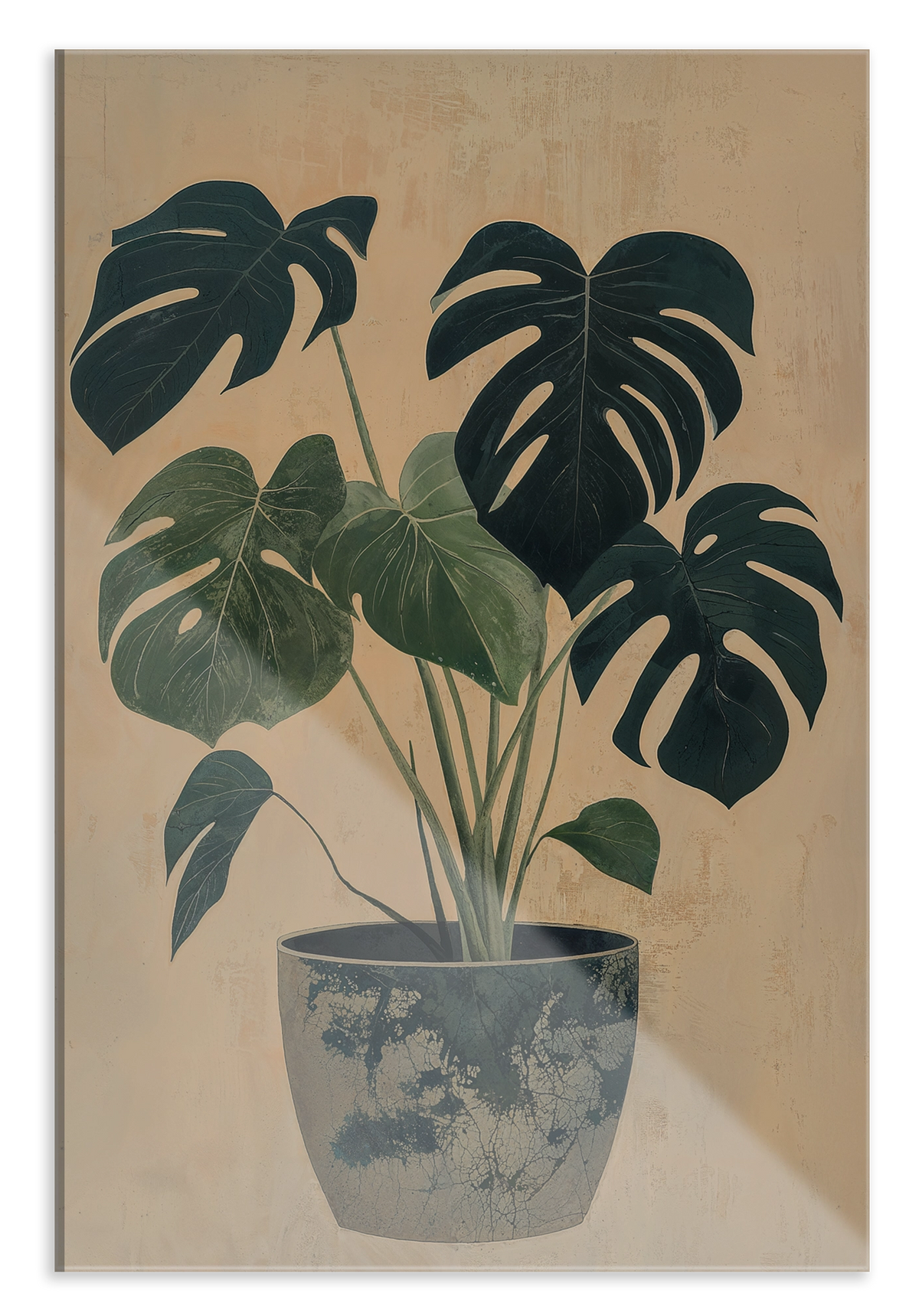 Plexiglas schilderij Monstera: monstera met groene bladeren in een blauw-witte sierpot.