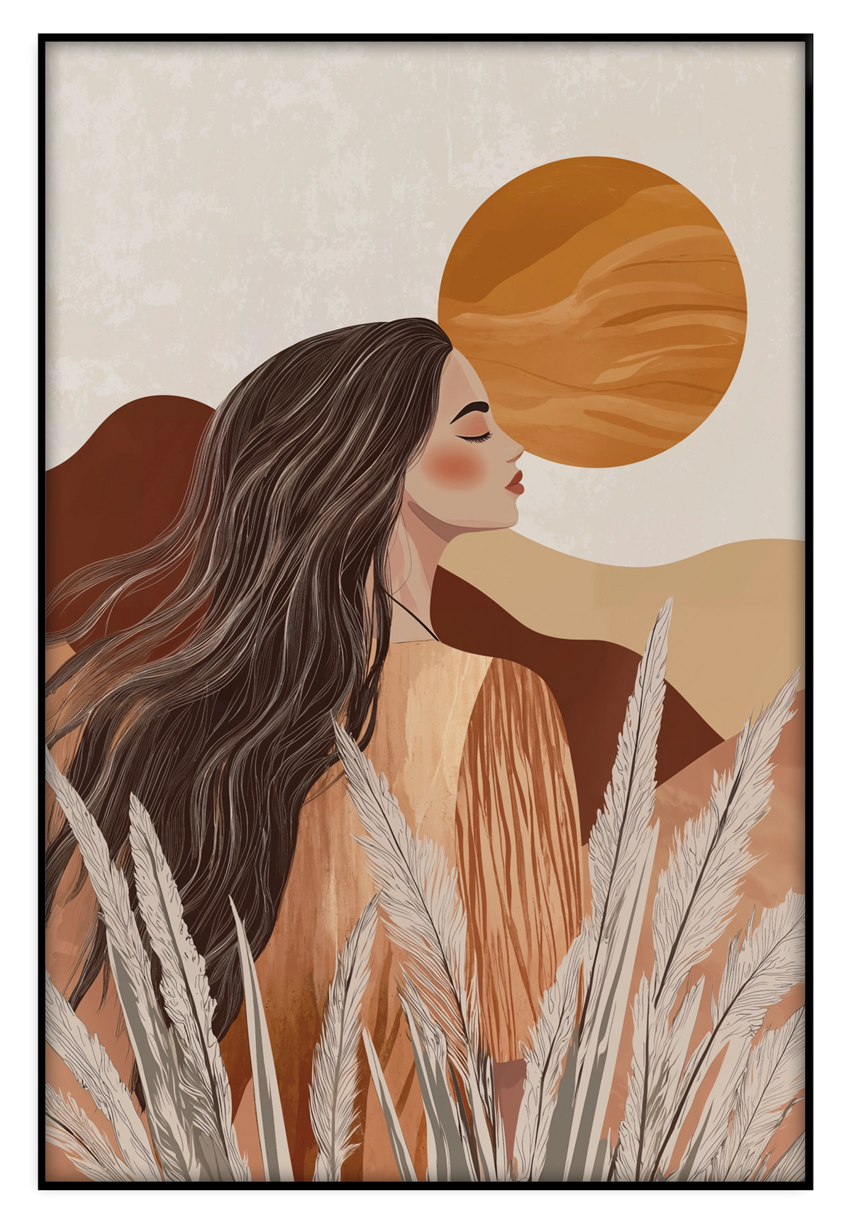 Artframe Noa: vrouw in profiel tussen grassen met een okergele zon.