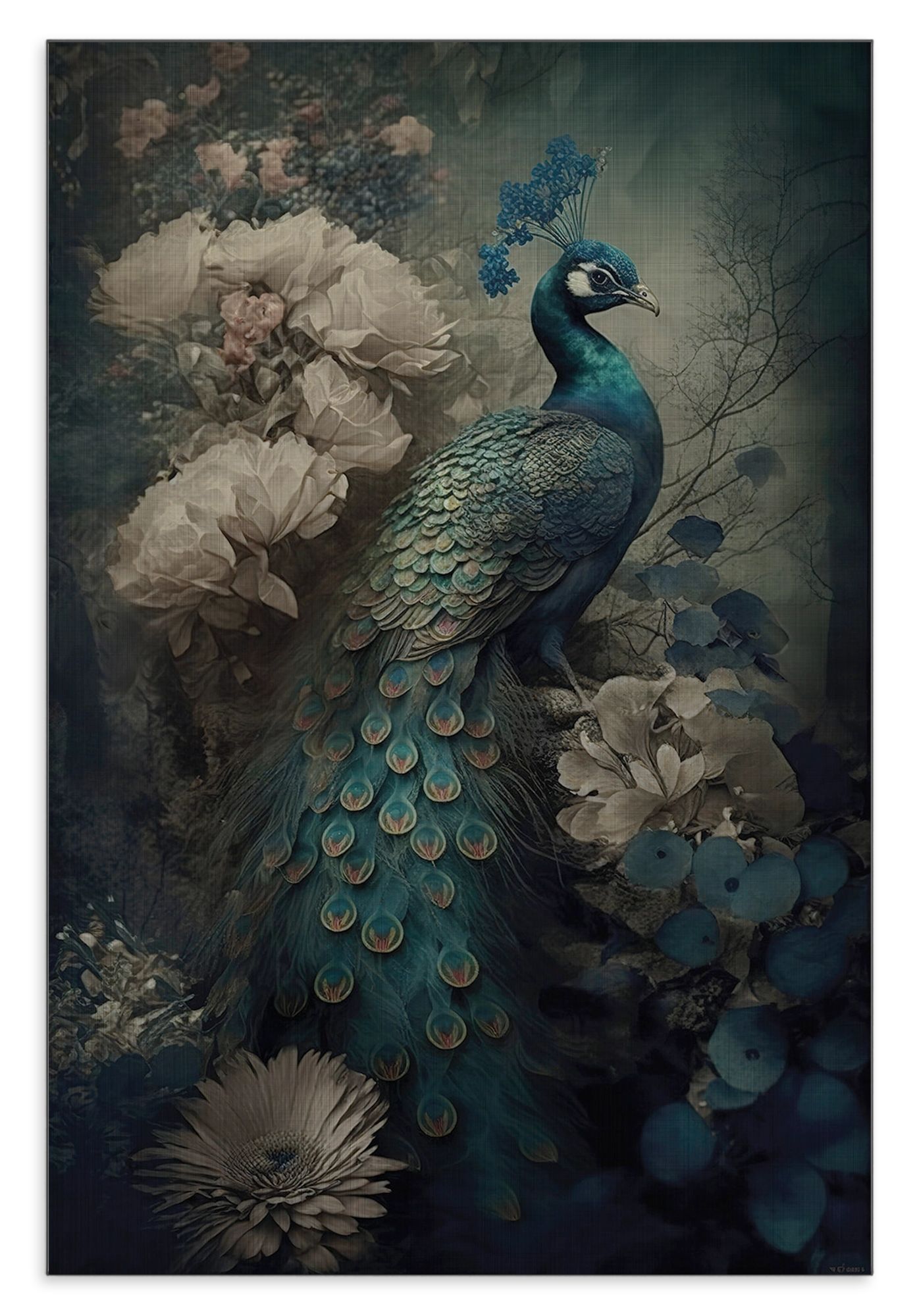 Aluminium Dibond schilderij Pauw 2: blauwgroene pauw tussen witte en blauwe bloemen.