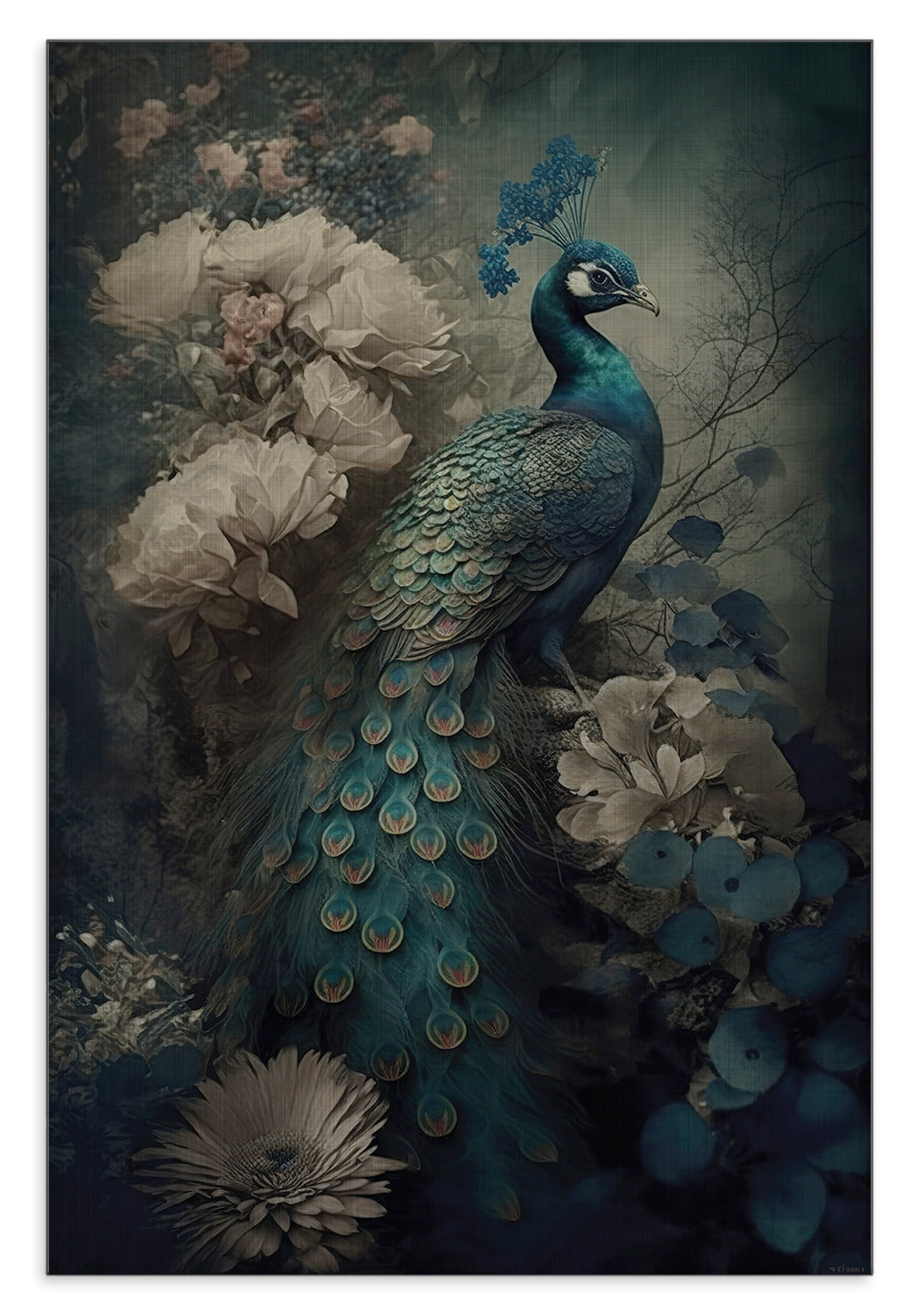 Aluminium Dibond schilderij Pauw 2: blauwgroene pauw tussen witte en blauwe bloemen.
