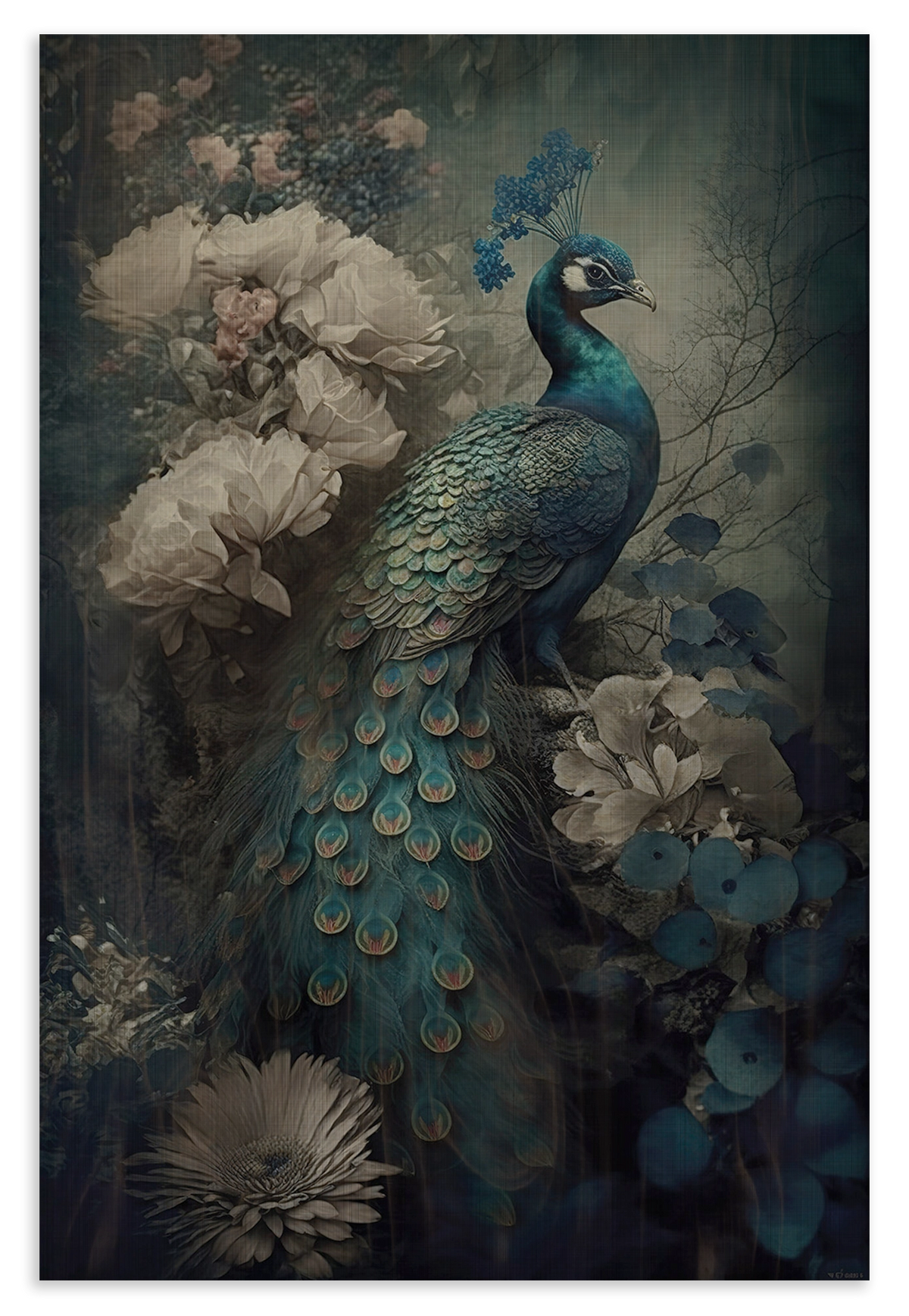 Houten wanddecoratie Pauw 2: blauwgroene pauw tussen witte en blauwe bloemen.
