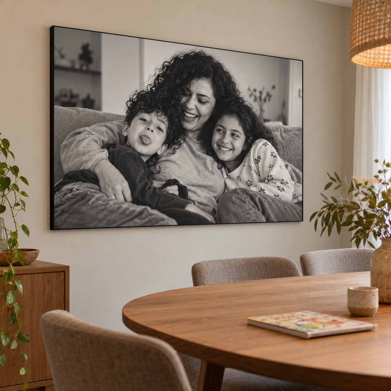 Sfeervoorbeeld van een spontane gezinsfoto op een akoestisch fotopaneel met zwart frame.