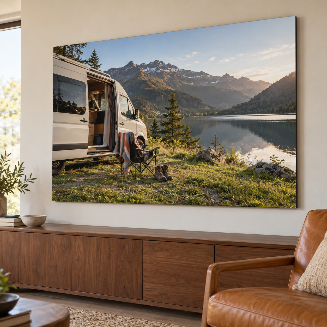 Sfeervoorbeeld van een campervakantie op een mat aluminium fotopaneel.