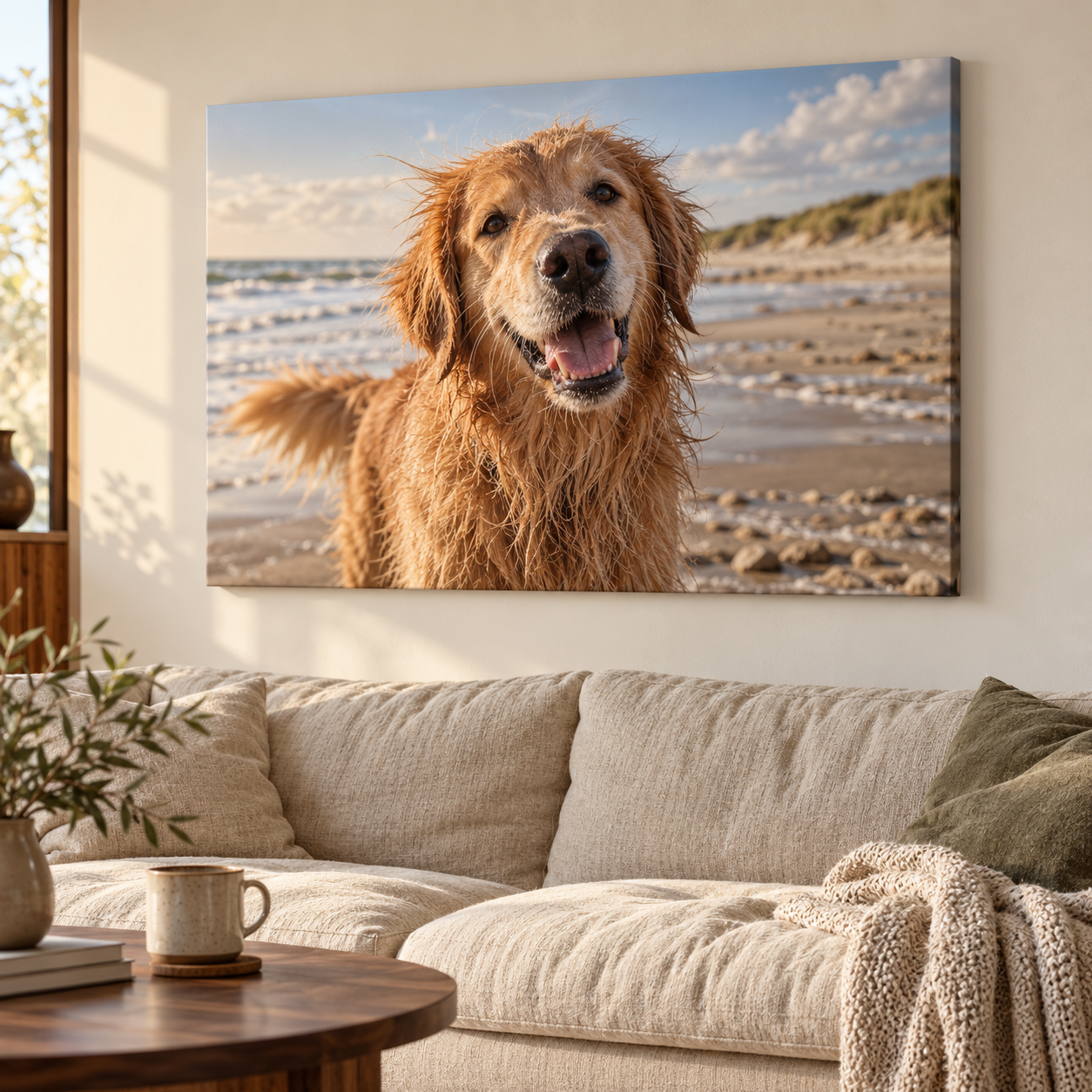 Sfeervoorbeeld van een hondenportret op opgespannen canvas zonder baklijst.