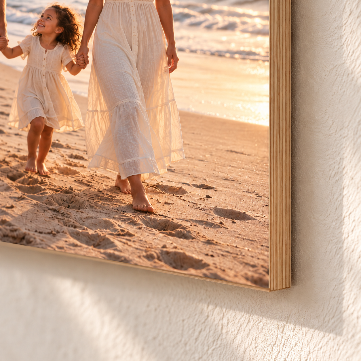 Close-up van dezelfde familiefoto op hout met zichtbare houten paneelrand.