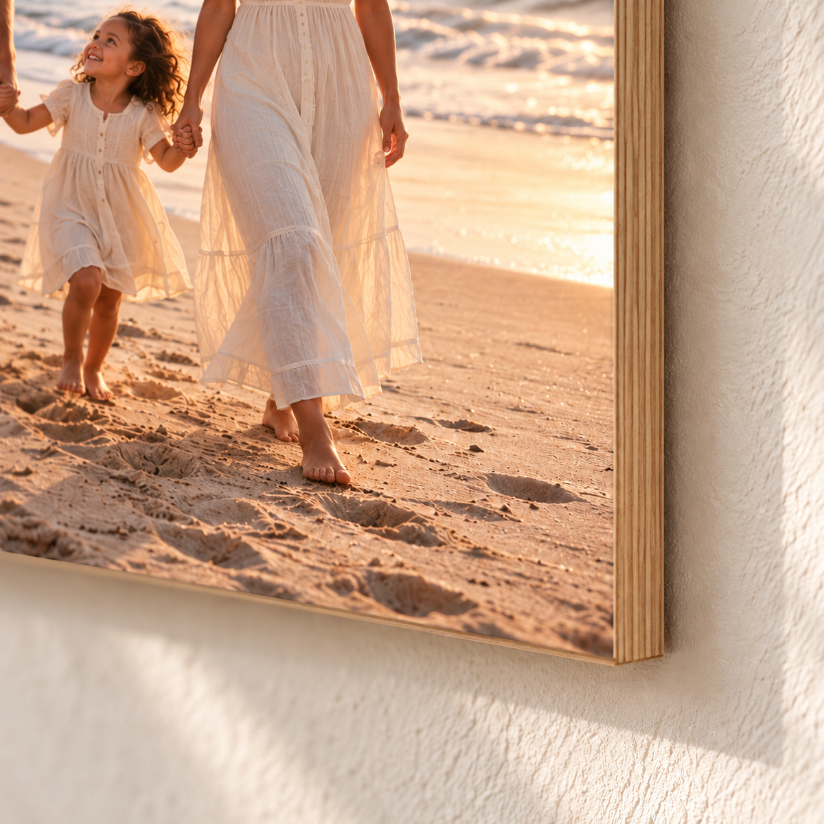 Close-up van dezelfde familiefoto op hout met zichtbare houten paneelrand.