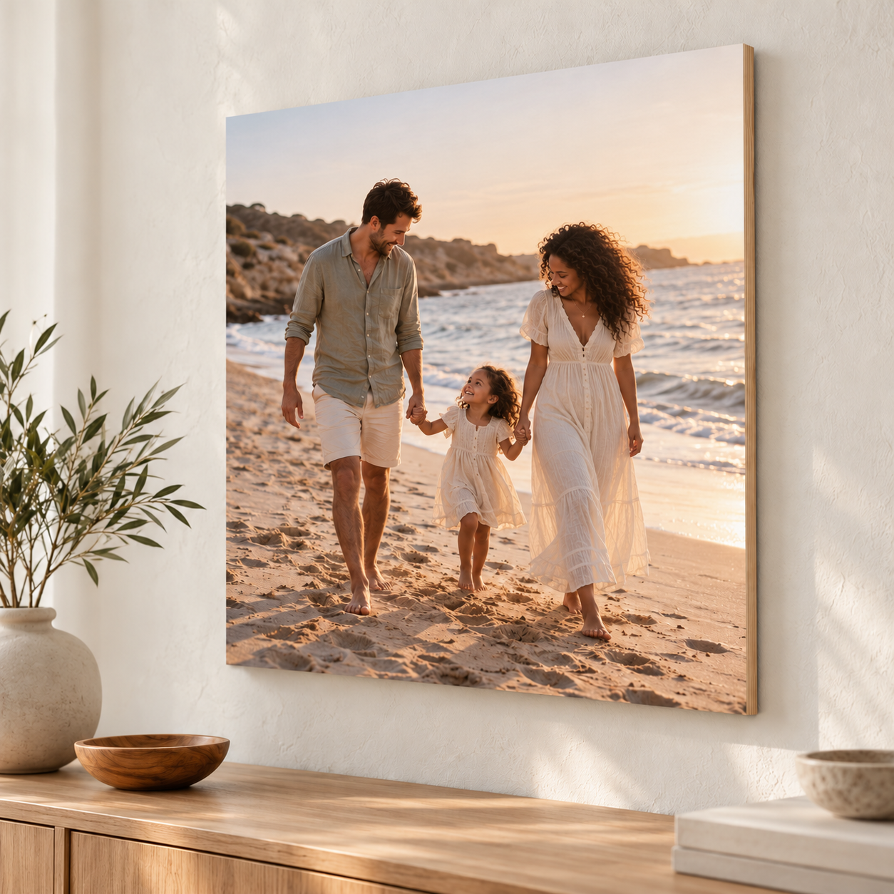 Voorbeeld van een persoonlijke familiefoto op hout, gefotografeerd op het strand.