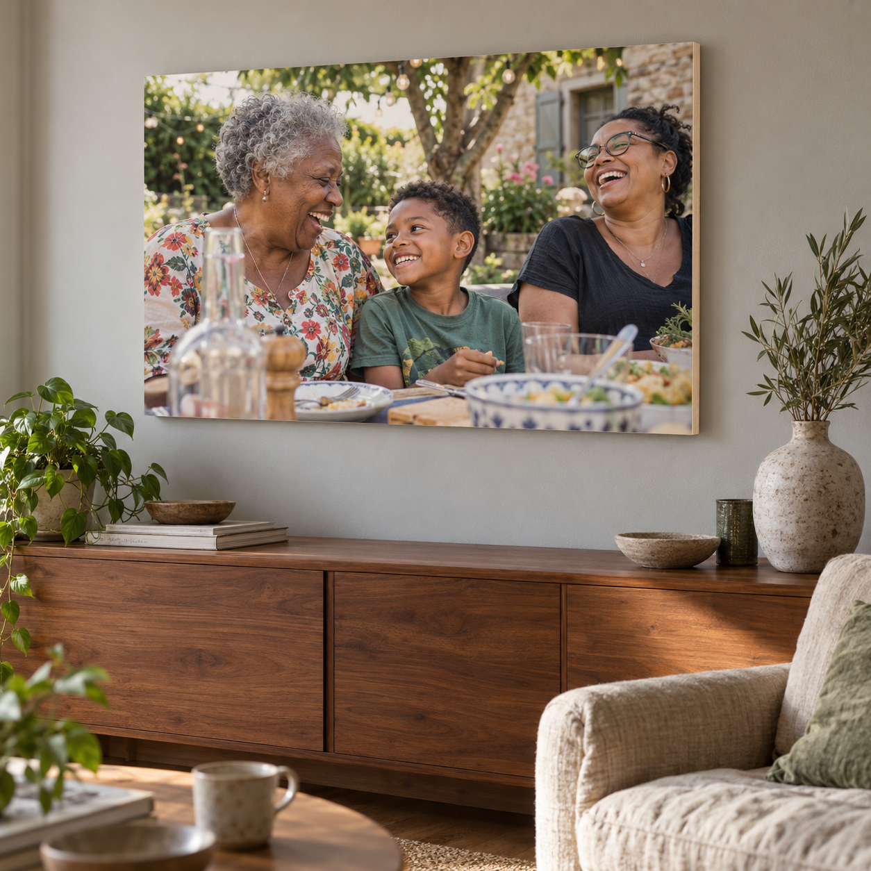 Sfeervoorbeeld van een spontane familiefoto op een houten fotopaneel.