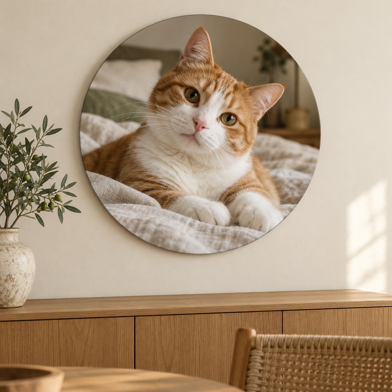 Sfeervoorbeeld van een kattenfoto op een ronde aluminium muurcirkel.
