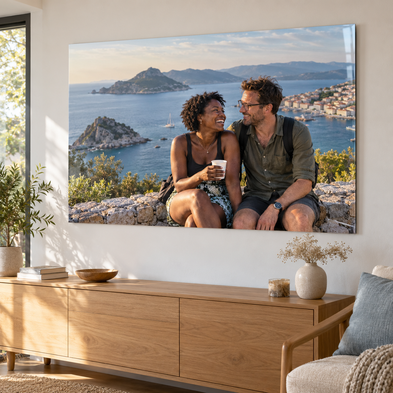 Sfeervoorbeeld van een vakantiefoto van een koppel op glanzend plexiglas.