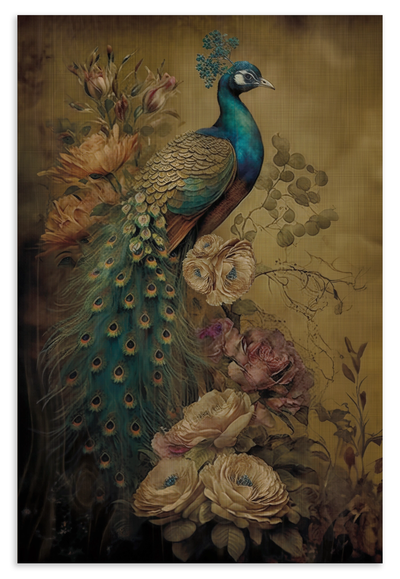 Houten wanddecoratie Pauw 5: pauw tussen grote bloemen tegen een goudbruine achtergrond.