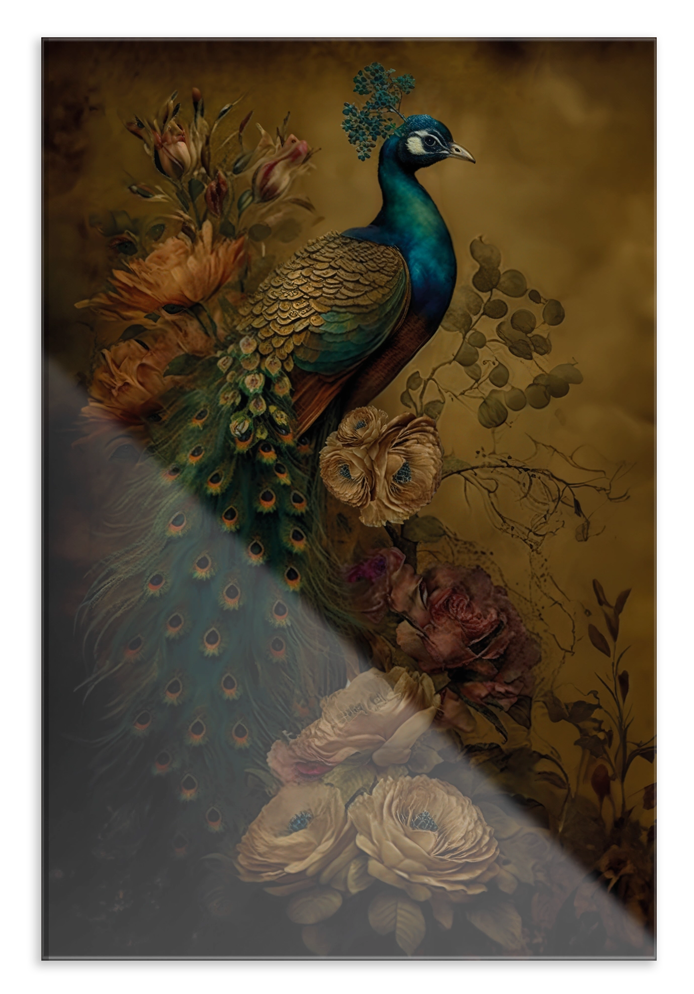 Plexiglas schilderij Pauw 5: pauw tussen grote bloemen tegen een goudbruine achtergrond.