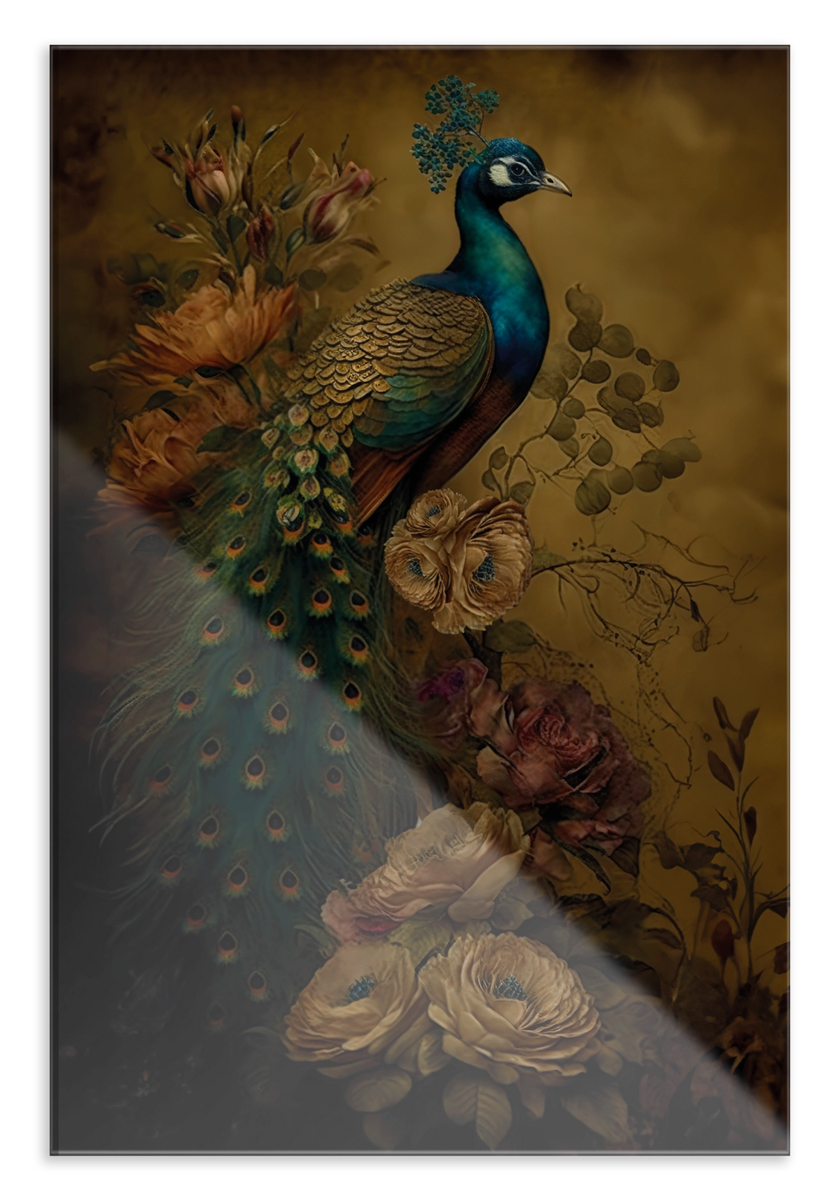 Plexiglas schilderij Pauw 5: pauw tussen grote bloemen tegen een goudbruine achtergrond.