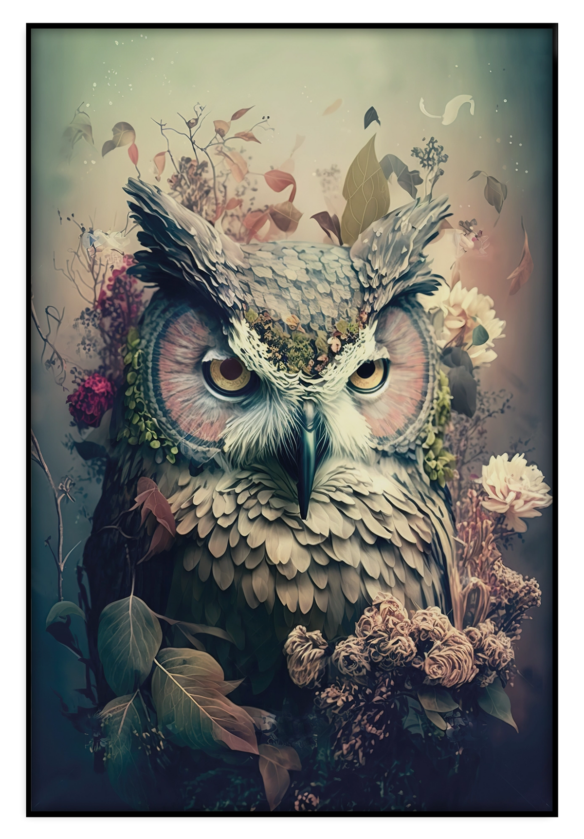 Artframe Uil 3: uil met gele ogen en lichte bloemen rond de kop.