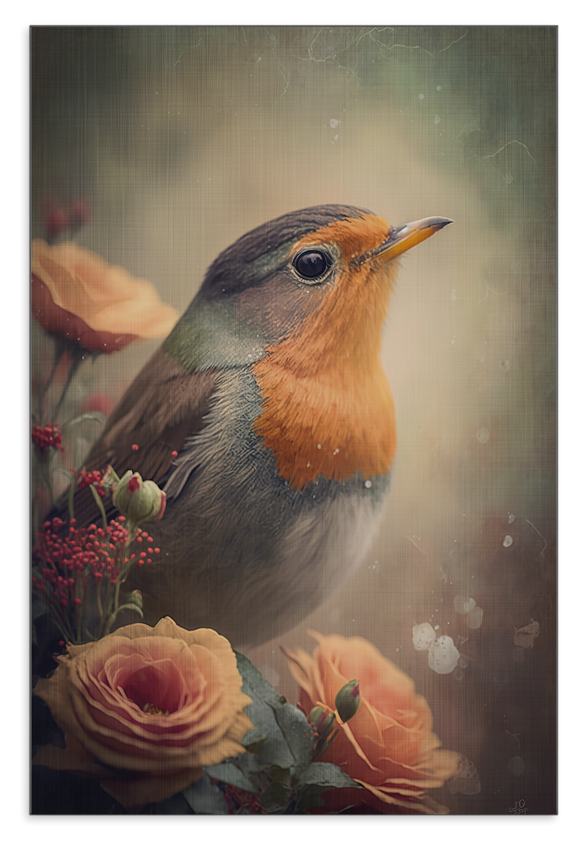 Aluminium Dibond schilderij Roodborstje 2: roodborstje tussen roze en oranje bloemen.