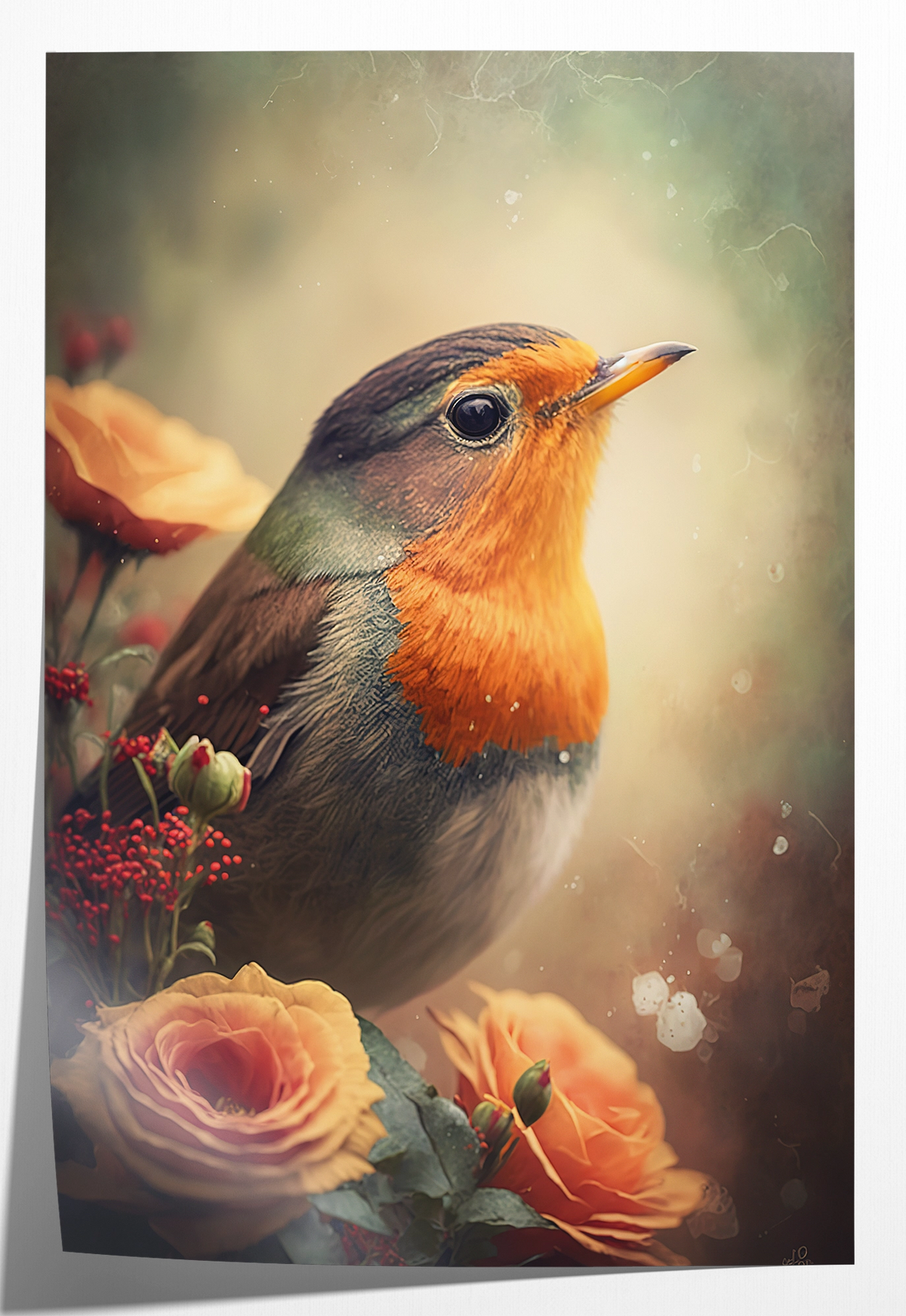 Papieren poster Roodborstje 2: roodborstje tussen roze en oranje bloemen.