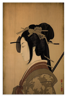 Houten wanddecoratie Samurai: Japanse vrouw in profiel met opgestoken haar en haarspelden.