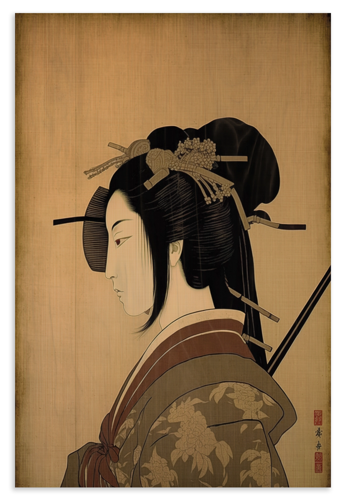 Houten wanddecoratie Samurai: Japanse vrouw in profiel met opgestoken haar en haarspelden.