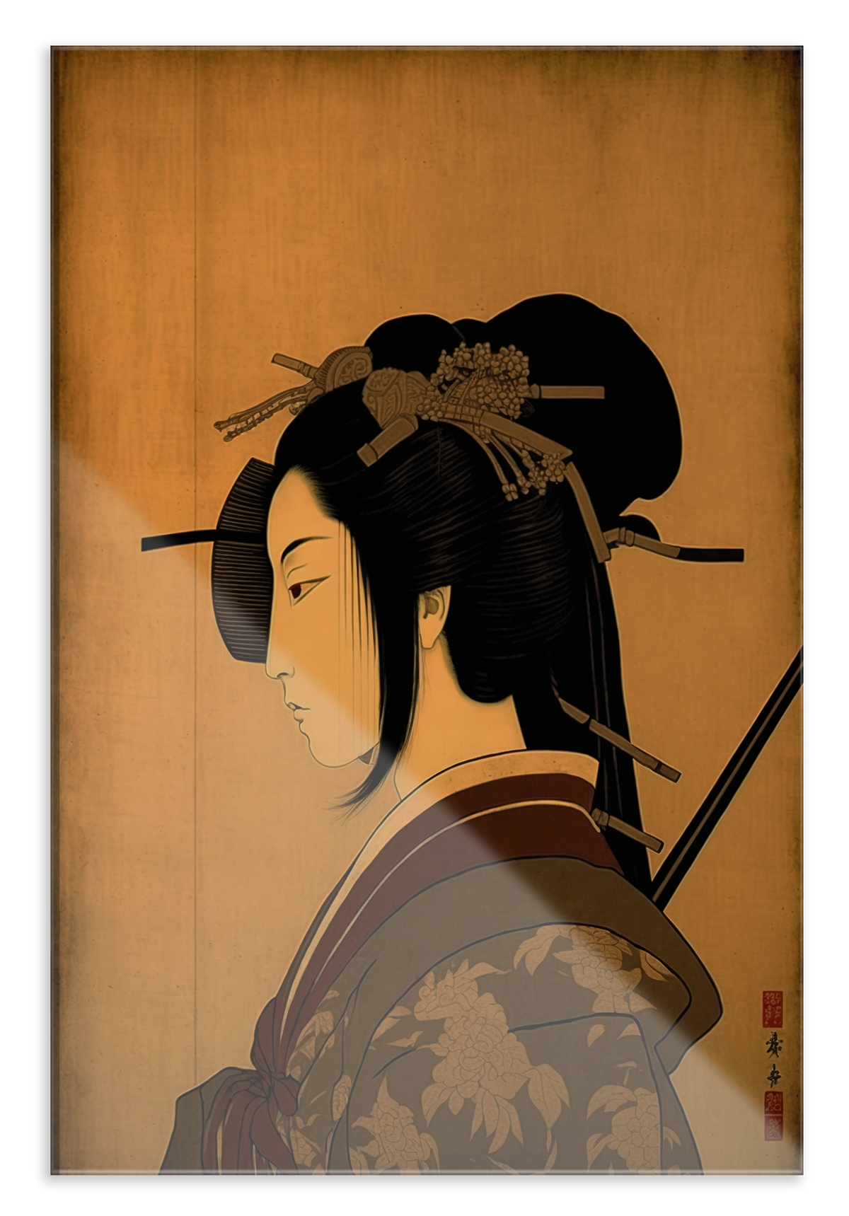 Plexiglas schilderij Samurai: Japanse vrouw in profiel met opgestoken haar en haarspelden.