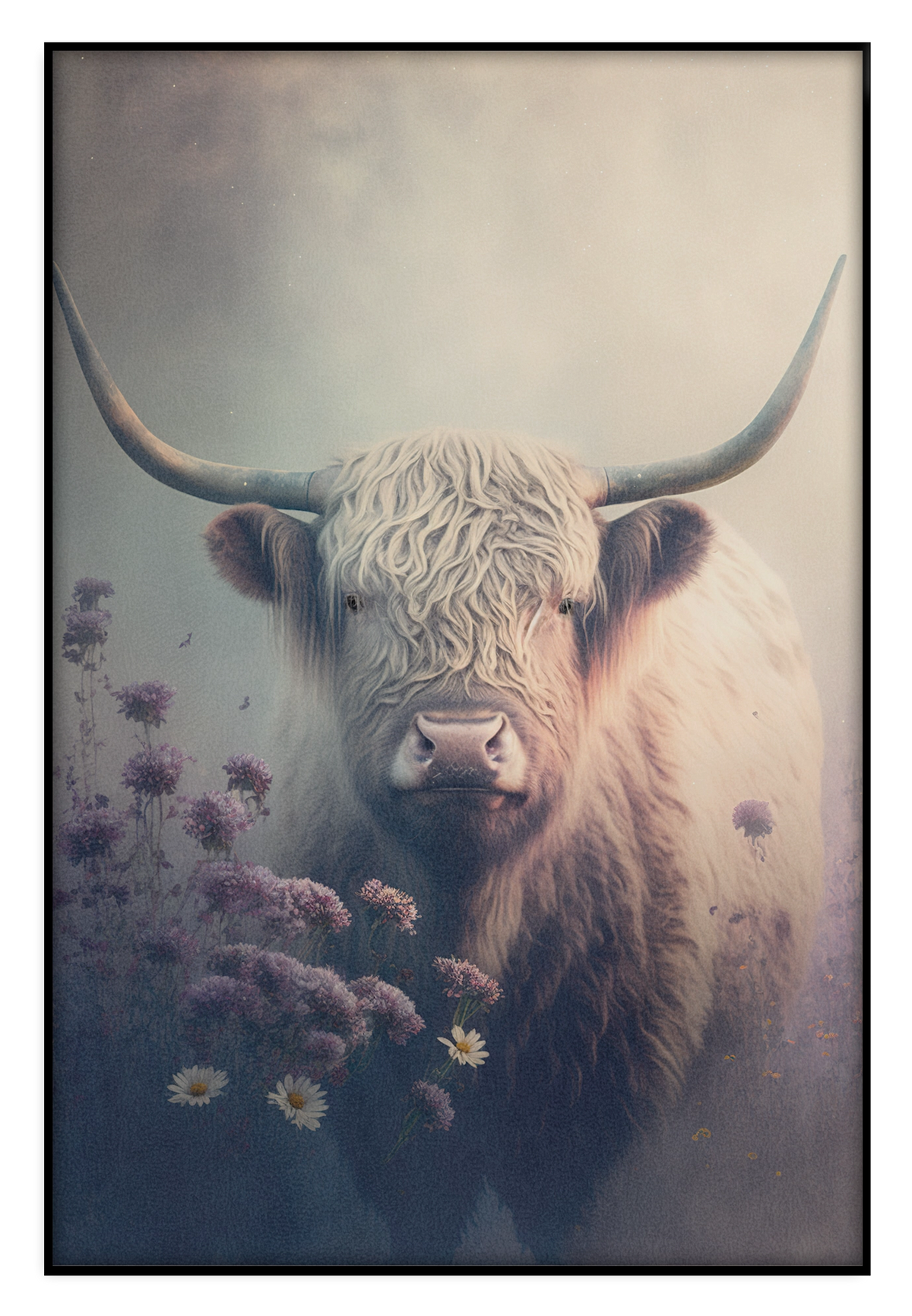 Akoestisch paneel Schotse hooglander 2: Schotse hooglander met lange hoorns tussen paarse bloemen.