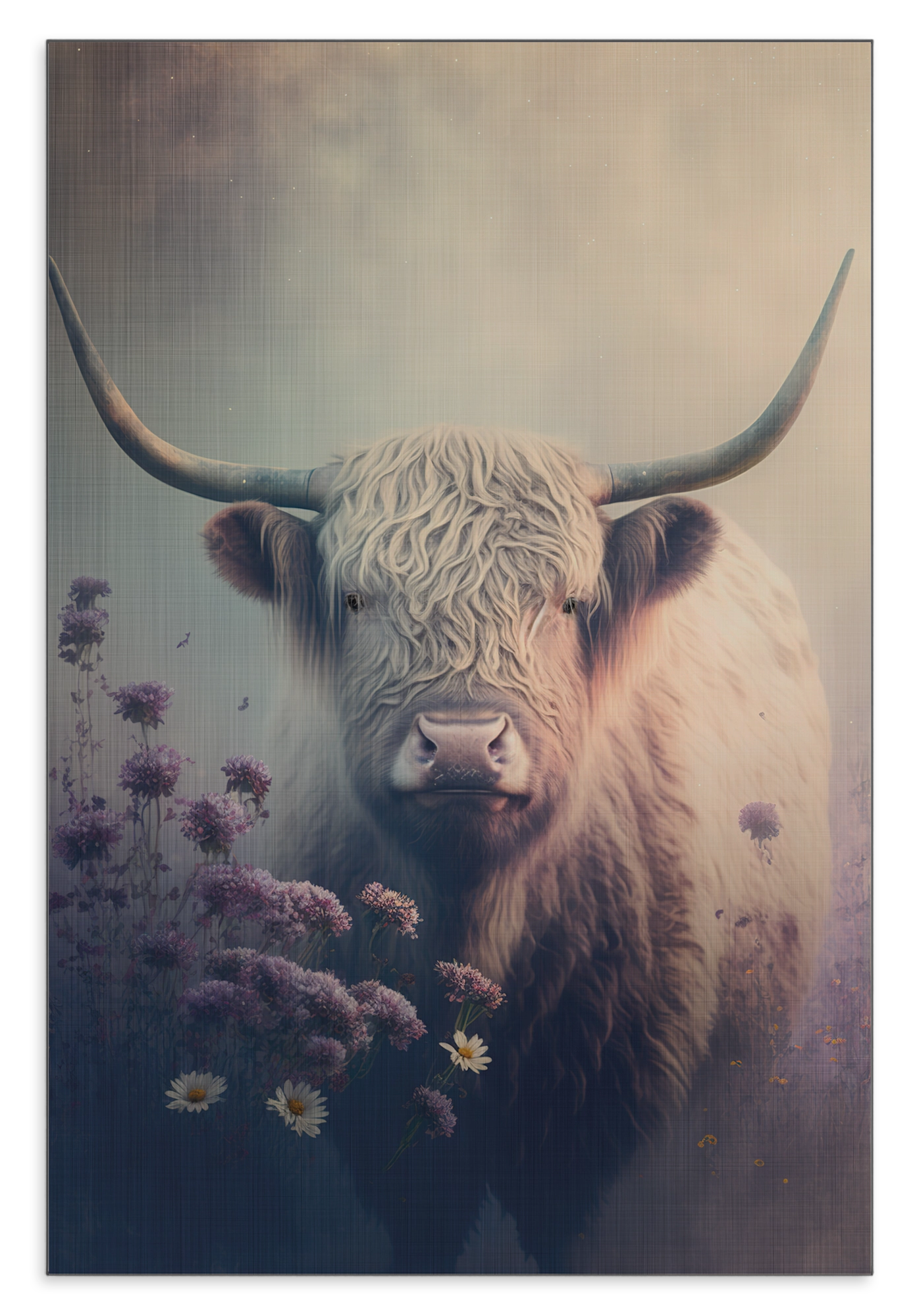 Aluminium Dibond schilderij Schotse hooglander 2: Schotse hooglander met lange hoorns tussen paarse bloemen.