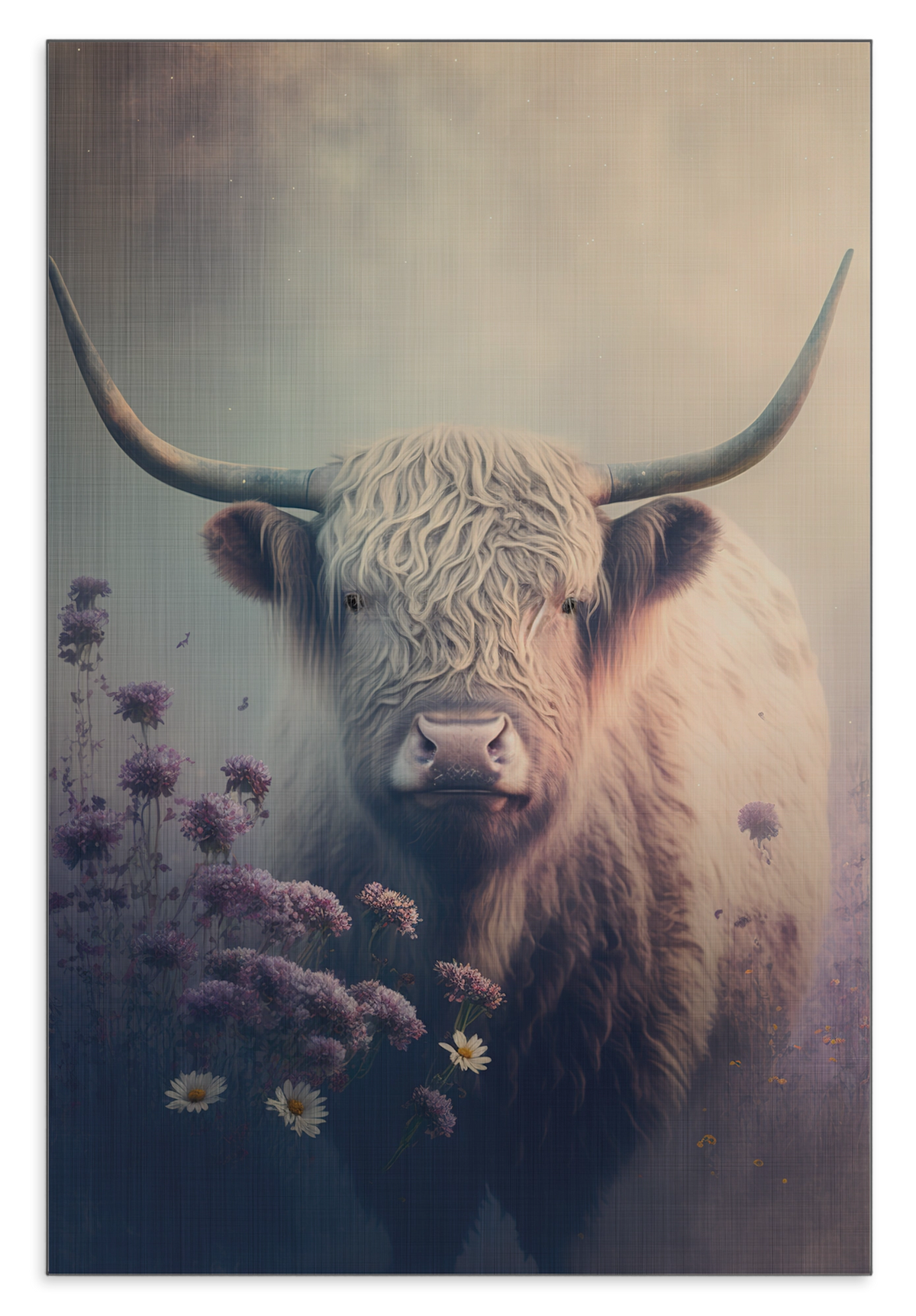 Aluminium Dibond schilderij Schotse hooglander 2: Schotse hooglander met lange hoorns tussen paarse bloemen.