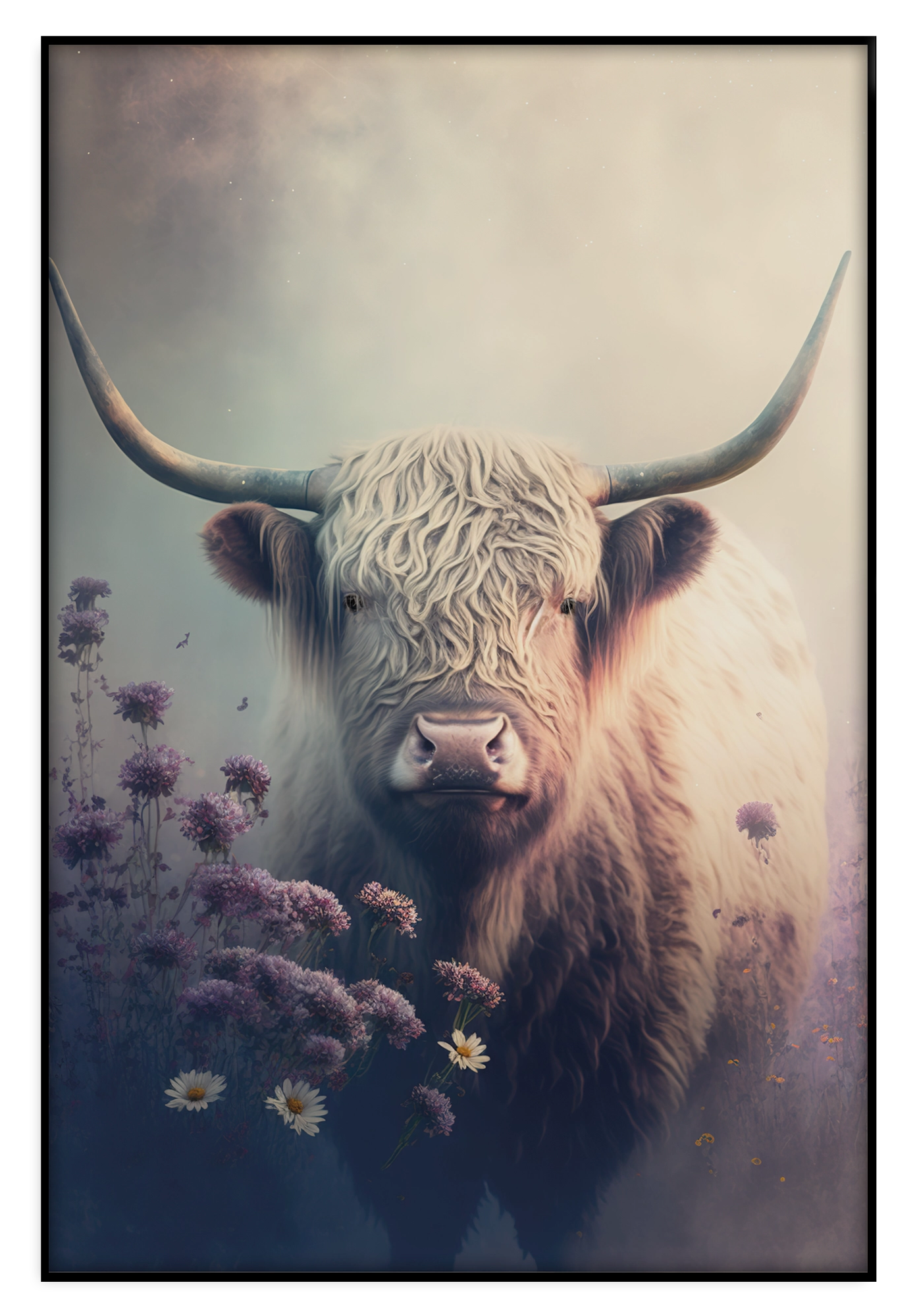 Artframe Schotse hooglander 2: Schotse hooglander met lange hoorns tussen paarse bloemen.