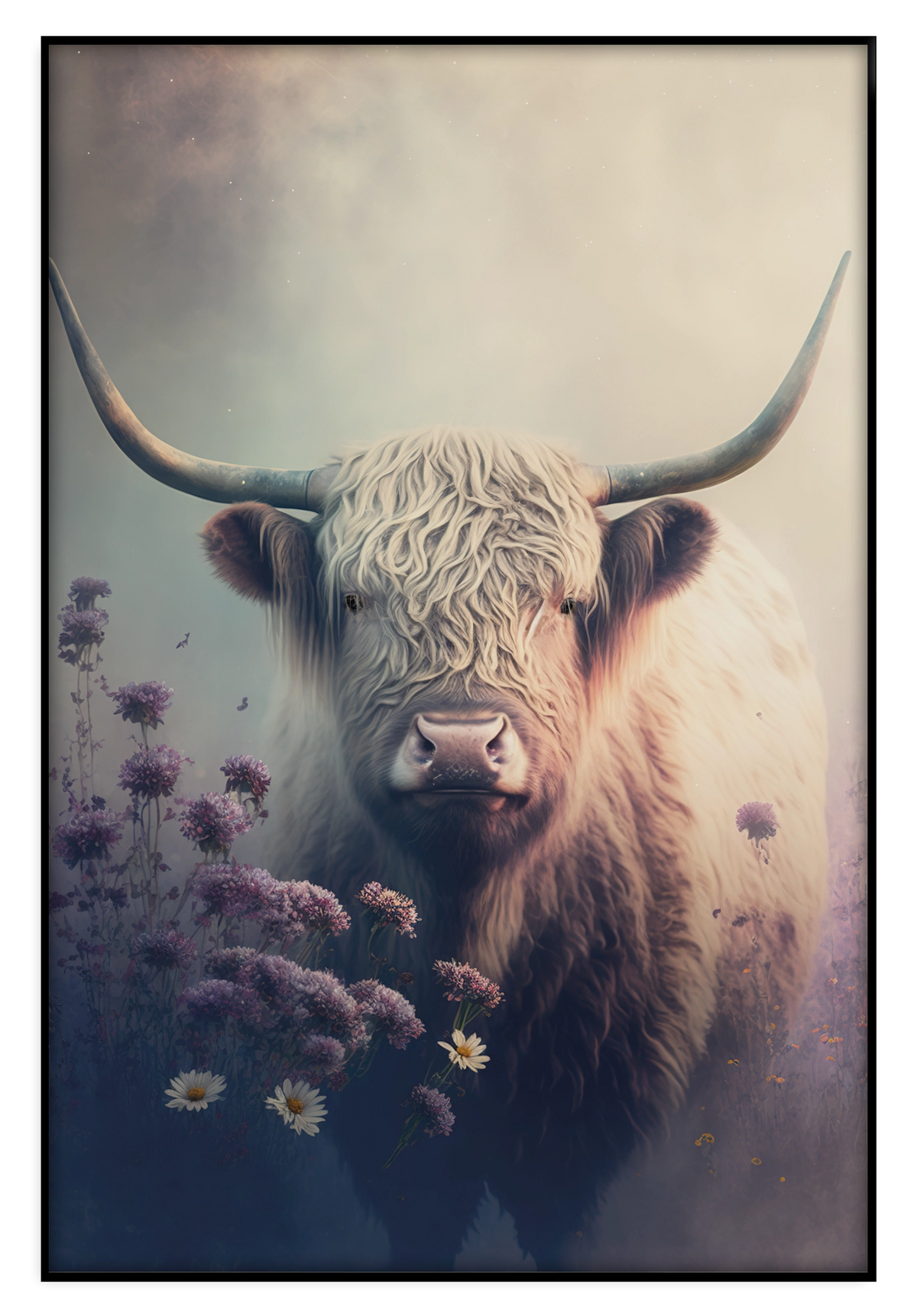 Artframe Schotse hooglander 2: Schotse hooglander met lange hoorns tussen paarse bloemen.