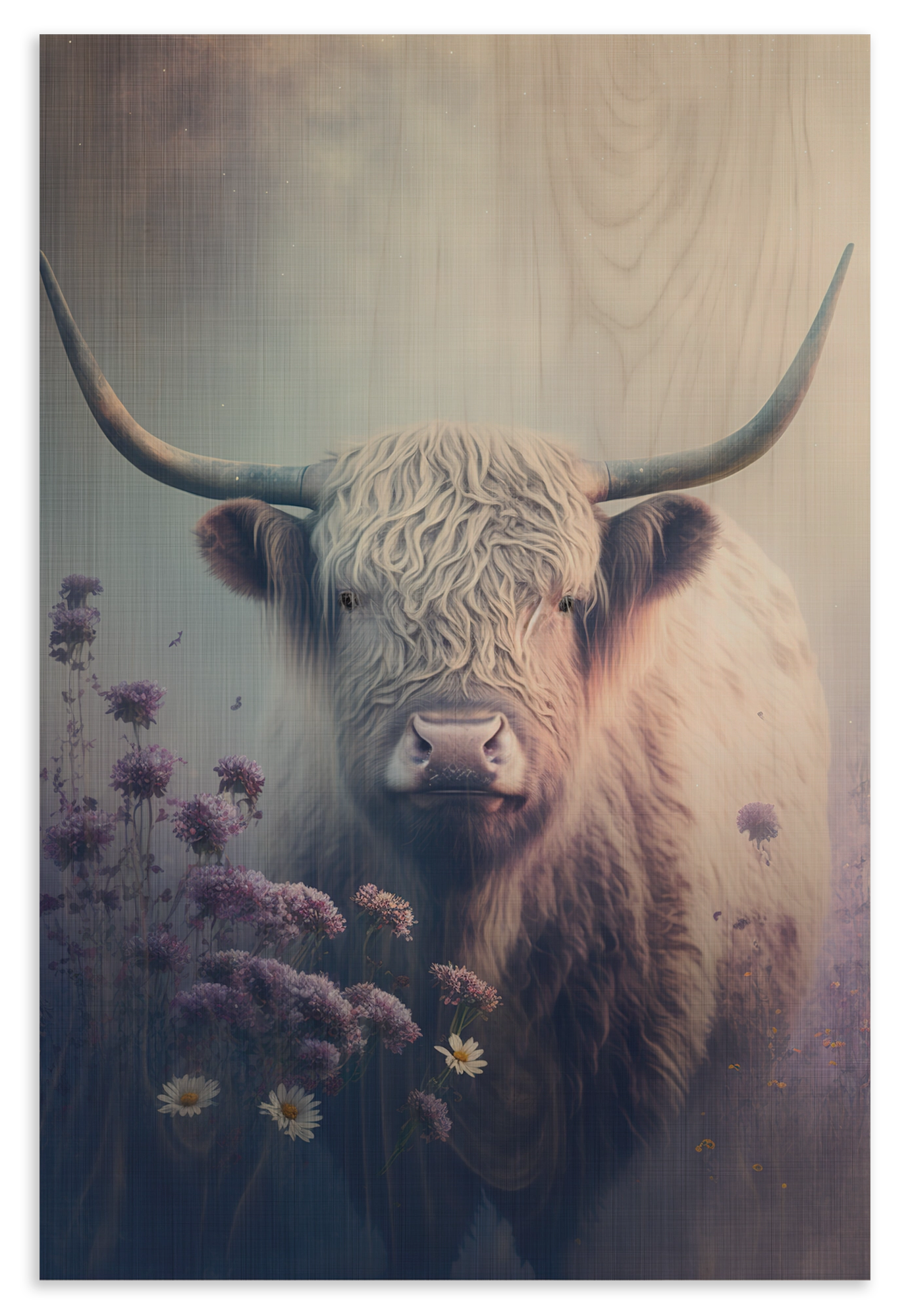 Houten wanddecoratie Schotse hooglander 2: Schotse hooglander met lange hoorns tussen paarse bloemen.
