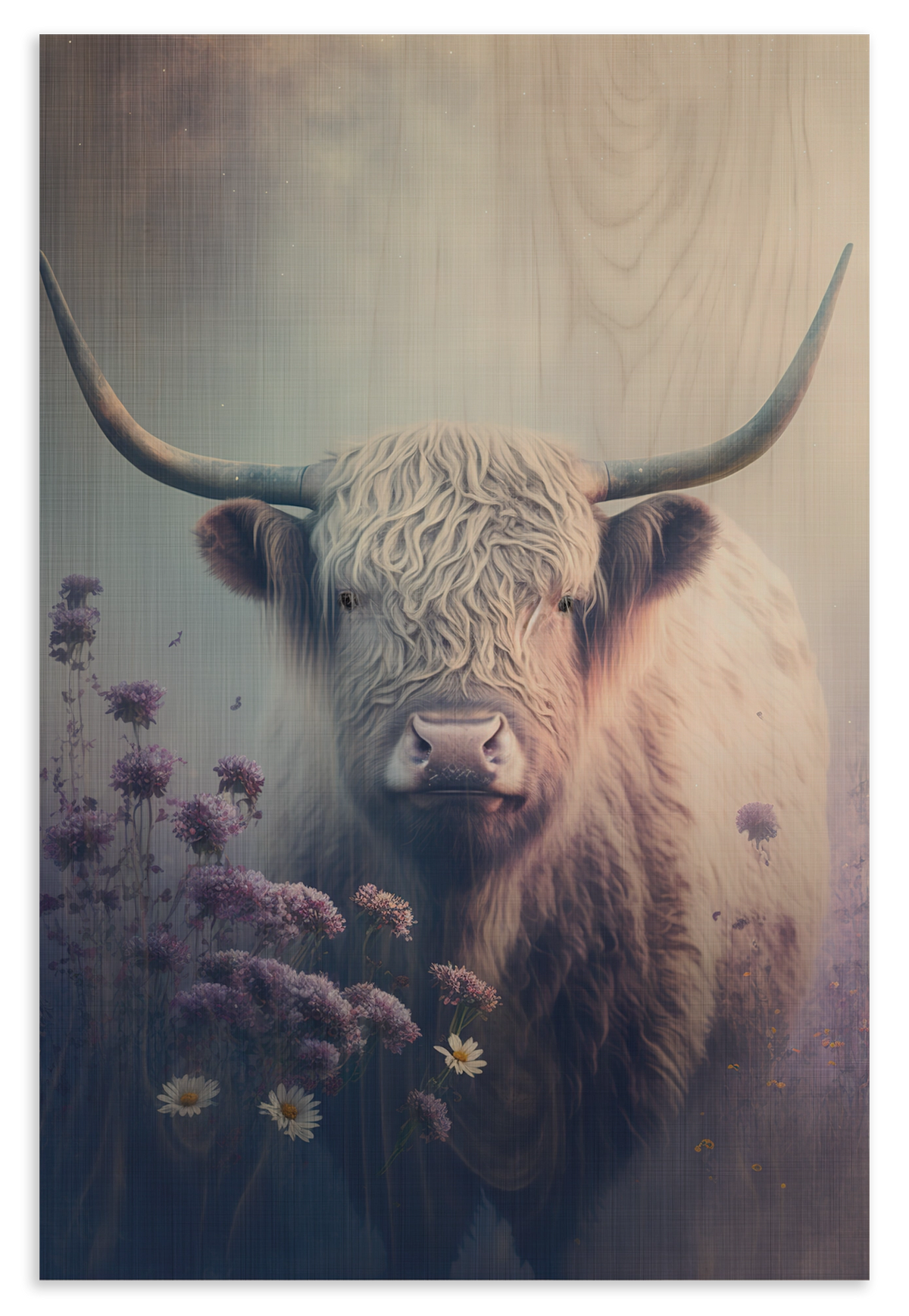Houten wanddecoratie Schotse hooglander 2: Schotse hooglander met lange hoorns tussen paarse bloemen.