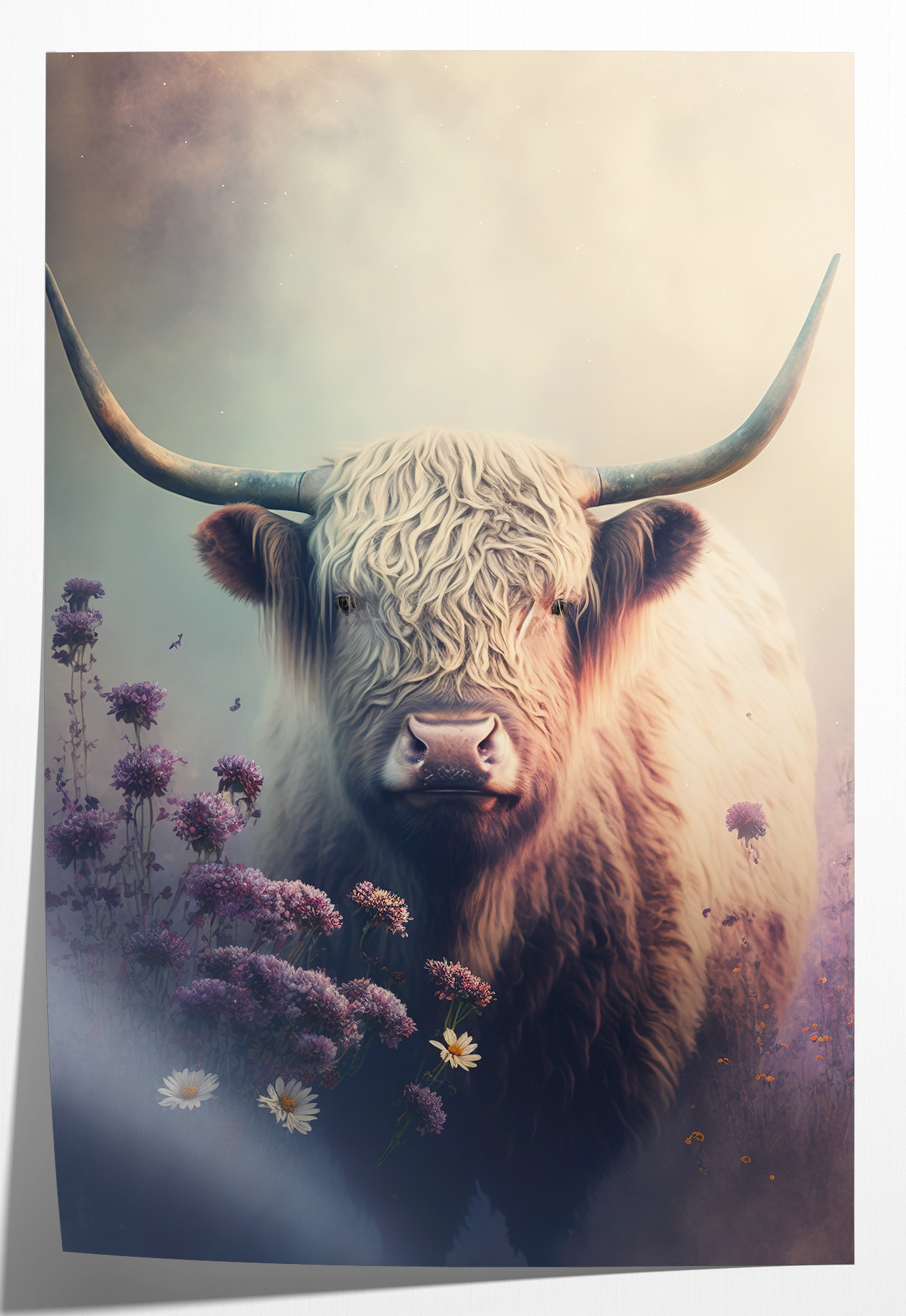Papieren poster Schotse hooglander 2: Schotse hooglander met lange hoorns tussen paarse bloemen.