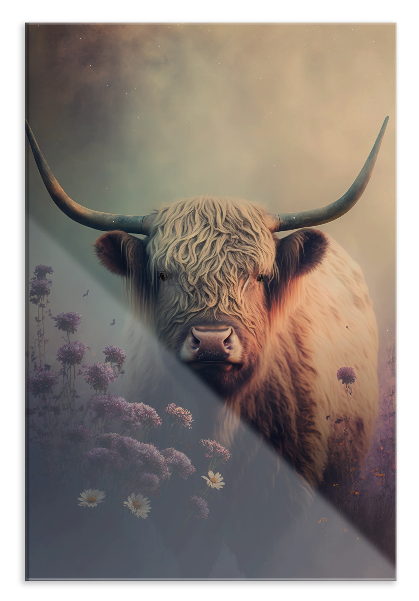 Plexiglas schilderij Schotse hooglander 2: Schotse hooglander met lange hoorns tussen paarse bloemen.