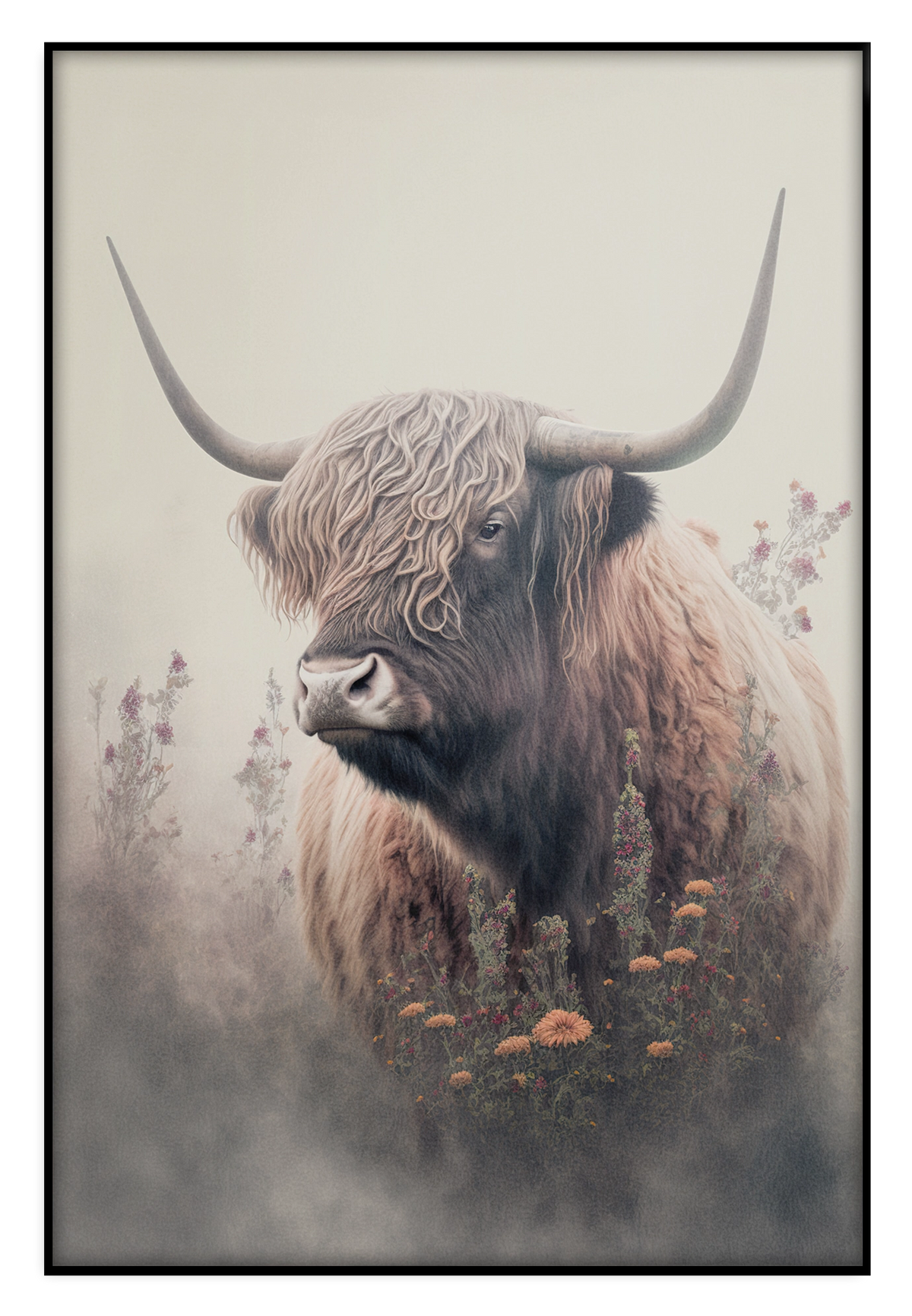 Akoestisch paneel Schotse hooglander 3: Schotse hooglander tussen bloemen tegen een lichte achtergrond.