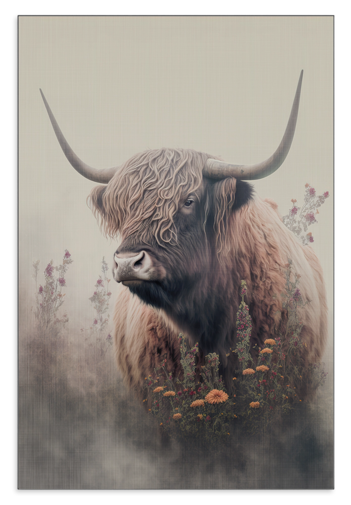 Aluminium Dibond schilderij Schotse hooglander 3: Schotse hooglander tussen bloemen tegen een lichte achtergrond.