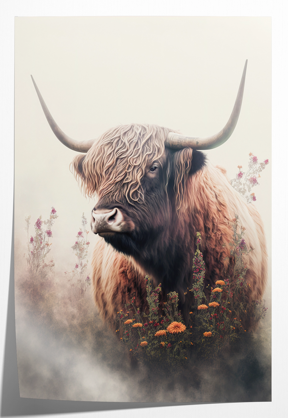Papieren poster Schotse hooglander 3: Schotse hooglander tussen bloemen tegen een lichte achtergrond.