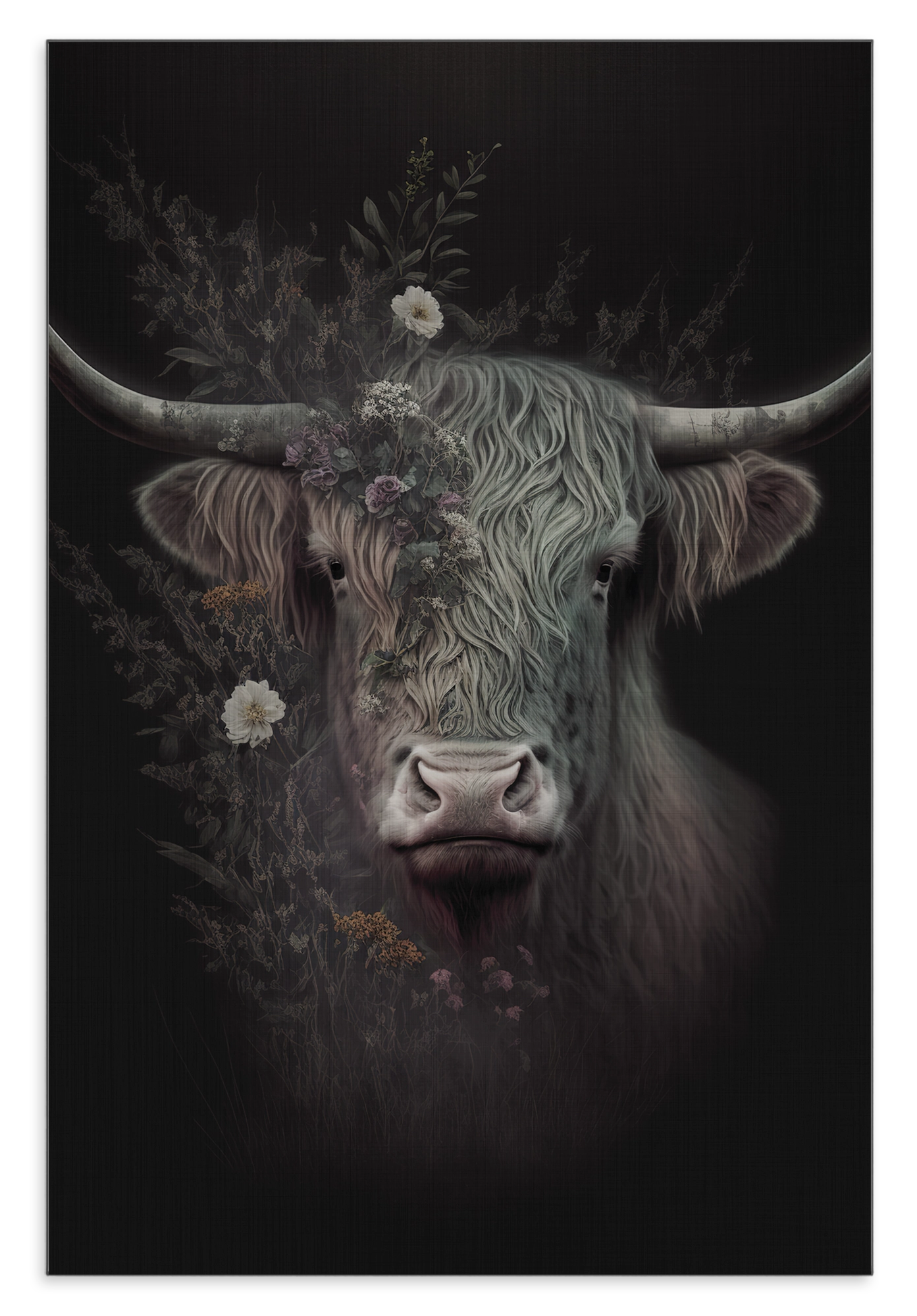 Aluminium Dibond schilderij Schotse hooglander: donkere Schotse hooglander met grote hoorns en bloemen.