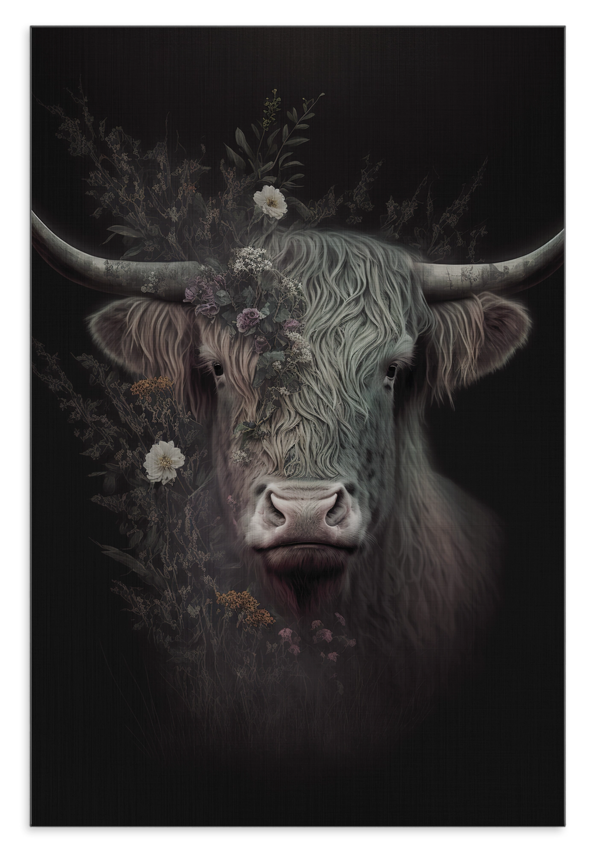 Aluminium Dibond schilderij Schotse hooglander: donkere Schotse hooglander met grote hoorns en bloemen.