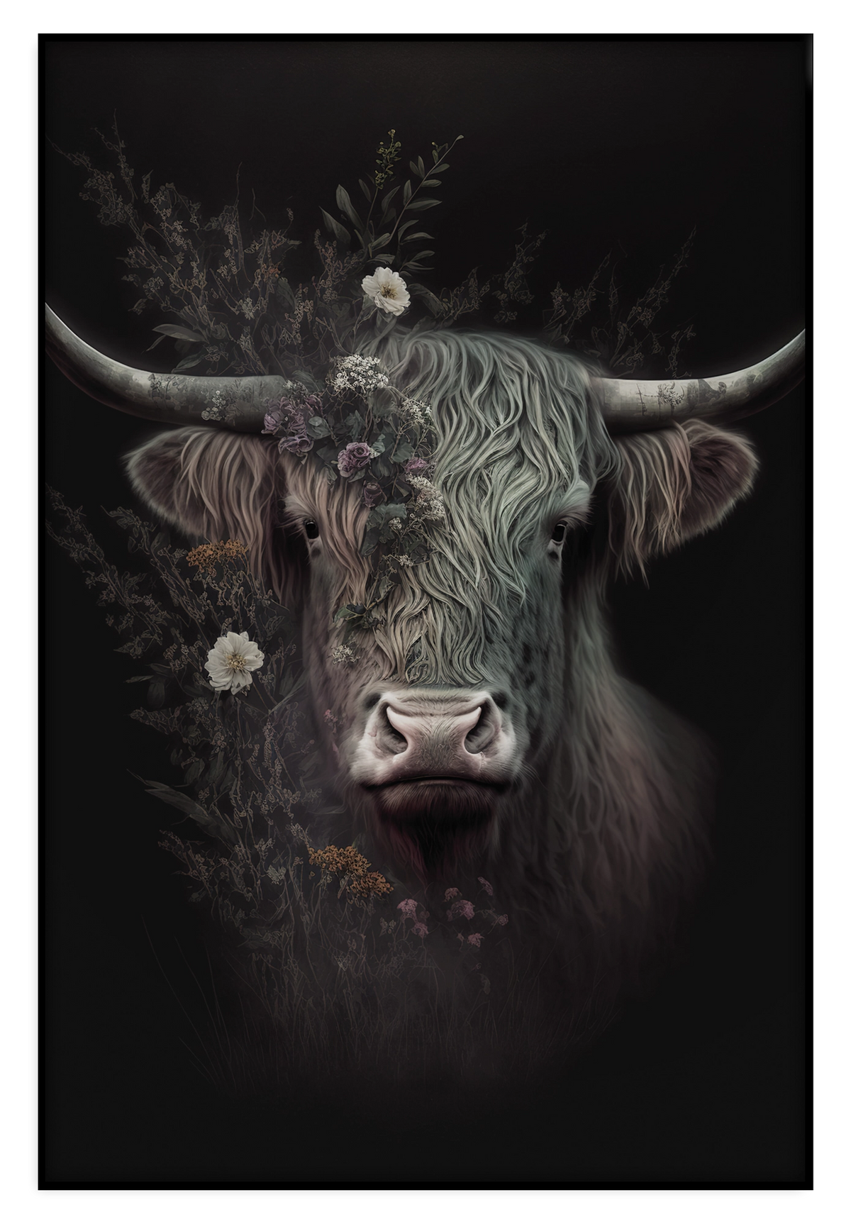 Artframe Schotse hooglander: donkere Schotse hooglander met grote hoorns en bloemen.
